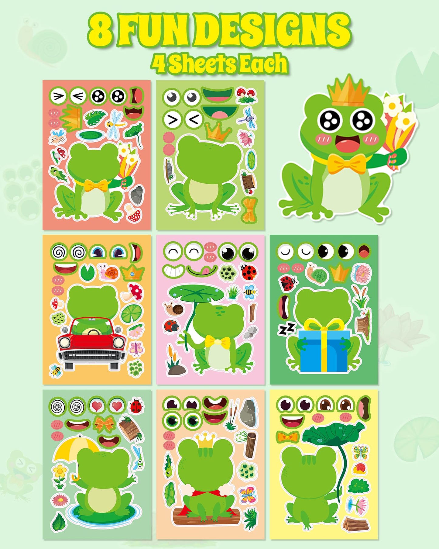 Aowplc 32 Sheets Frog Make-a-Face Stickers for Kids – 8 Designs for Creative Play