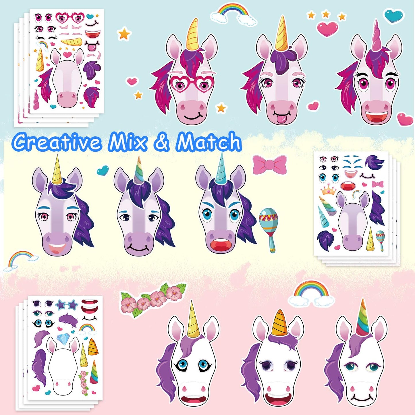 Aowplc 42 Sheets Unicorn Make-a-Face Stickers | Kids Crafts & Party Favors