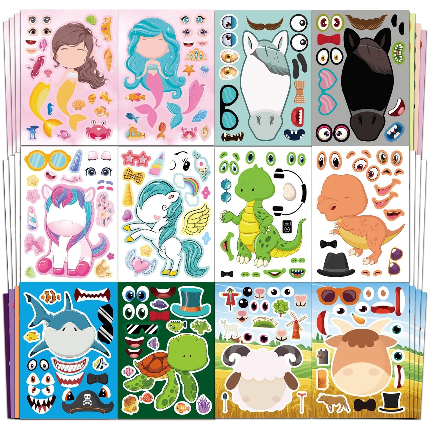 Aowplc 36 Pcs Make-A-Face Sticker Sheets — Party Favors & Crafts for Dinosaurs, Mermaids, Unicorns & More