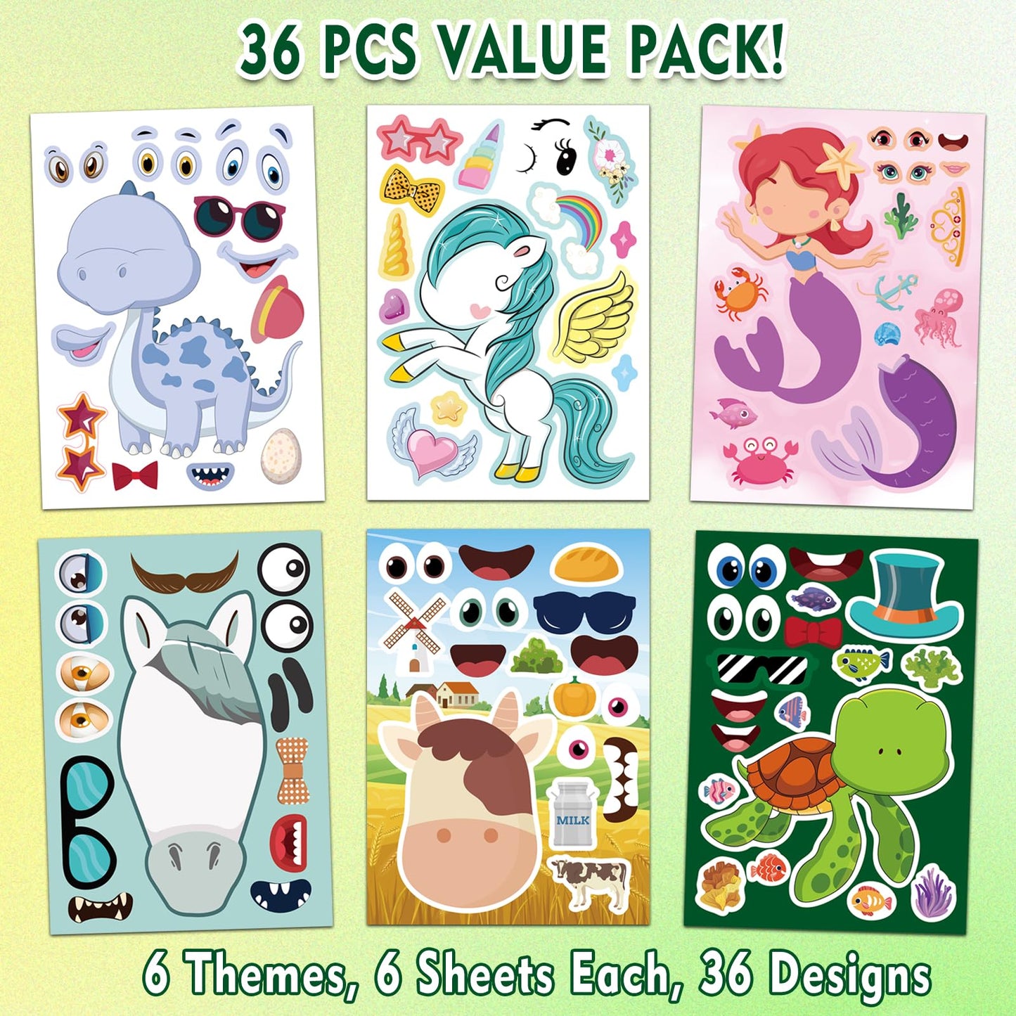Aowplc 36 Pcs Make-A-Face Sticker Sheets — Party Favors & Crafts for Dinosaurs, Mermaids, Unicorns & More