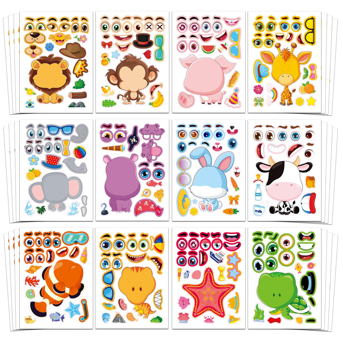 Aowplc 48 Pcs Make-a-Face Stickers – 12 Animal Designs for Party Favors & Crafts