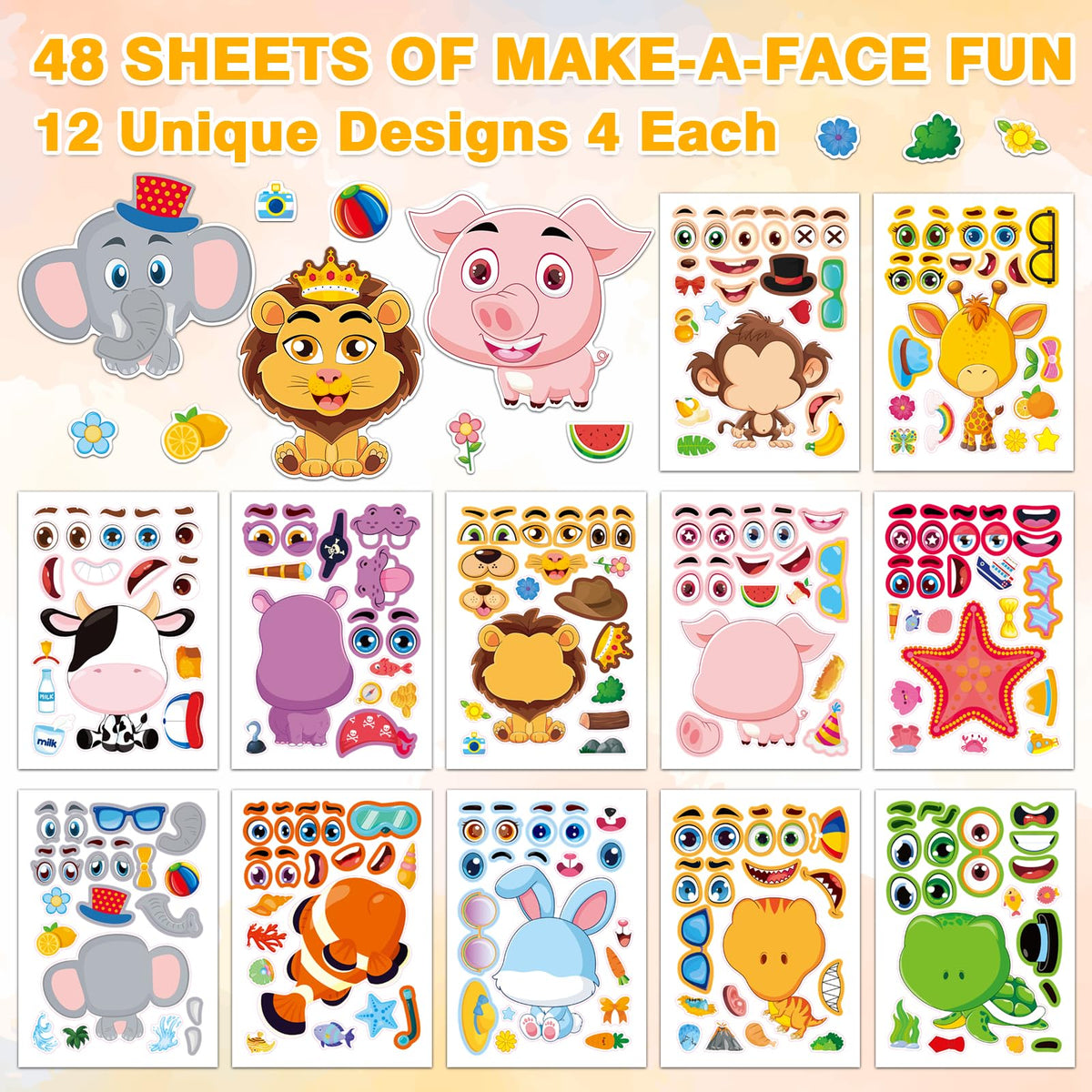 Aowplc 48 Pcs Make-a-Face Stickers – 12 Animal Designs for Party Favors & Crafts
