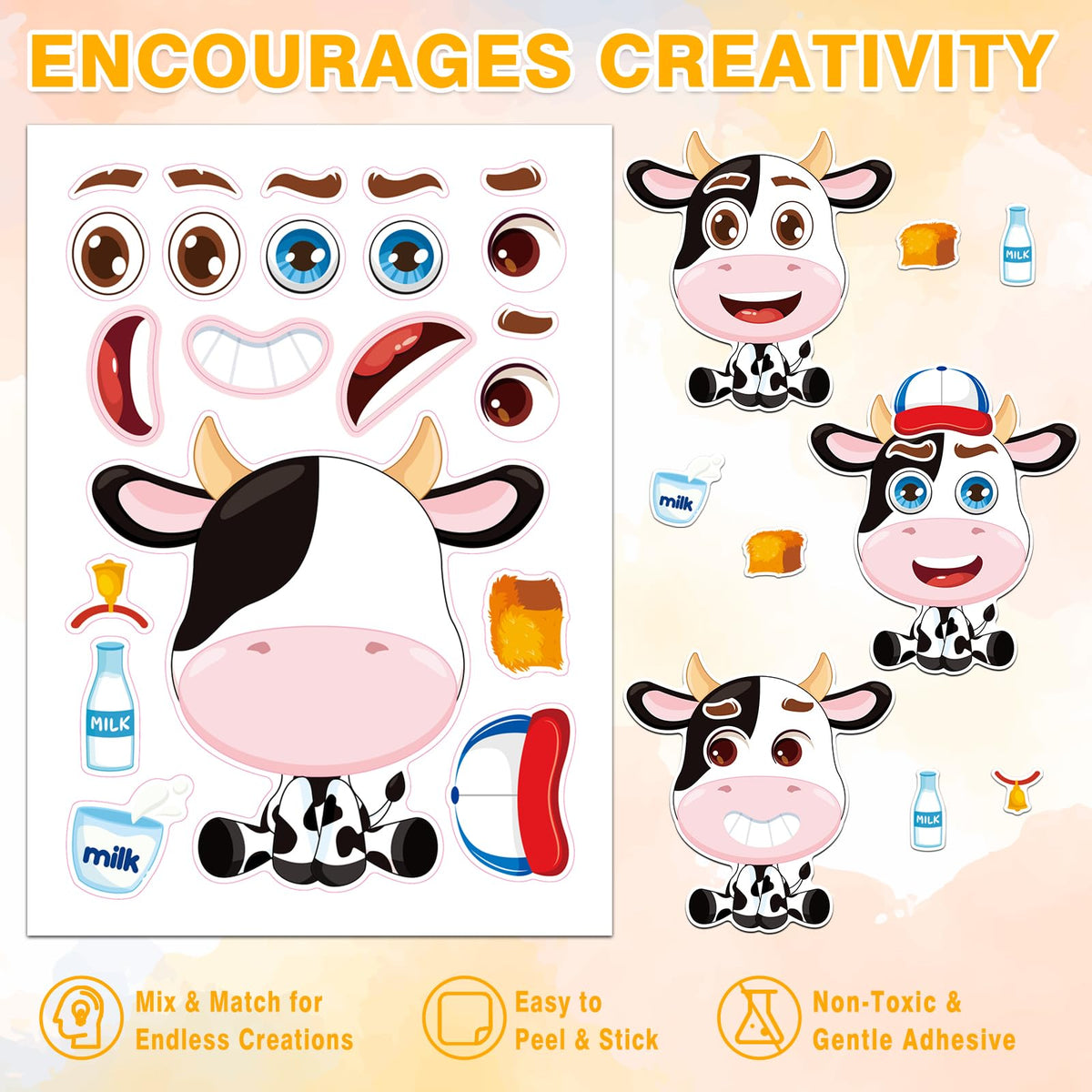Aowplc 48 Pcs Make-a-Face Stickers – 12 Animal Designs for Party Favors & Crafts