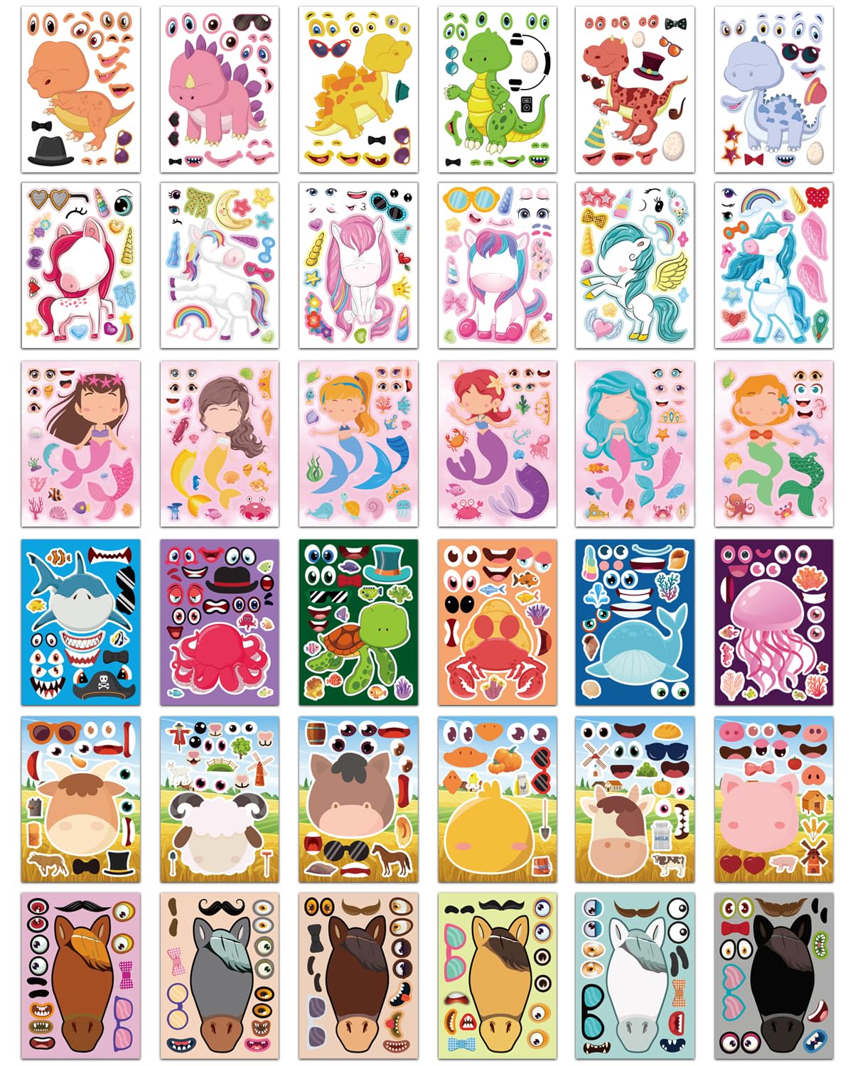 Aowplc 36 Pcs Make-A-Face Sticker Sheets — Party Favors & Crafts for Dinosaurs, Mermaids, Unicorns & More