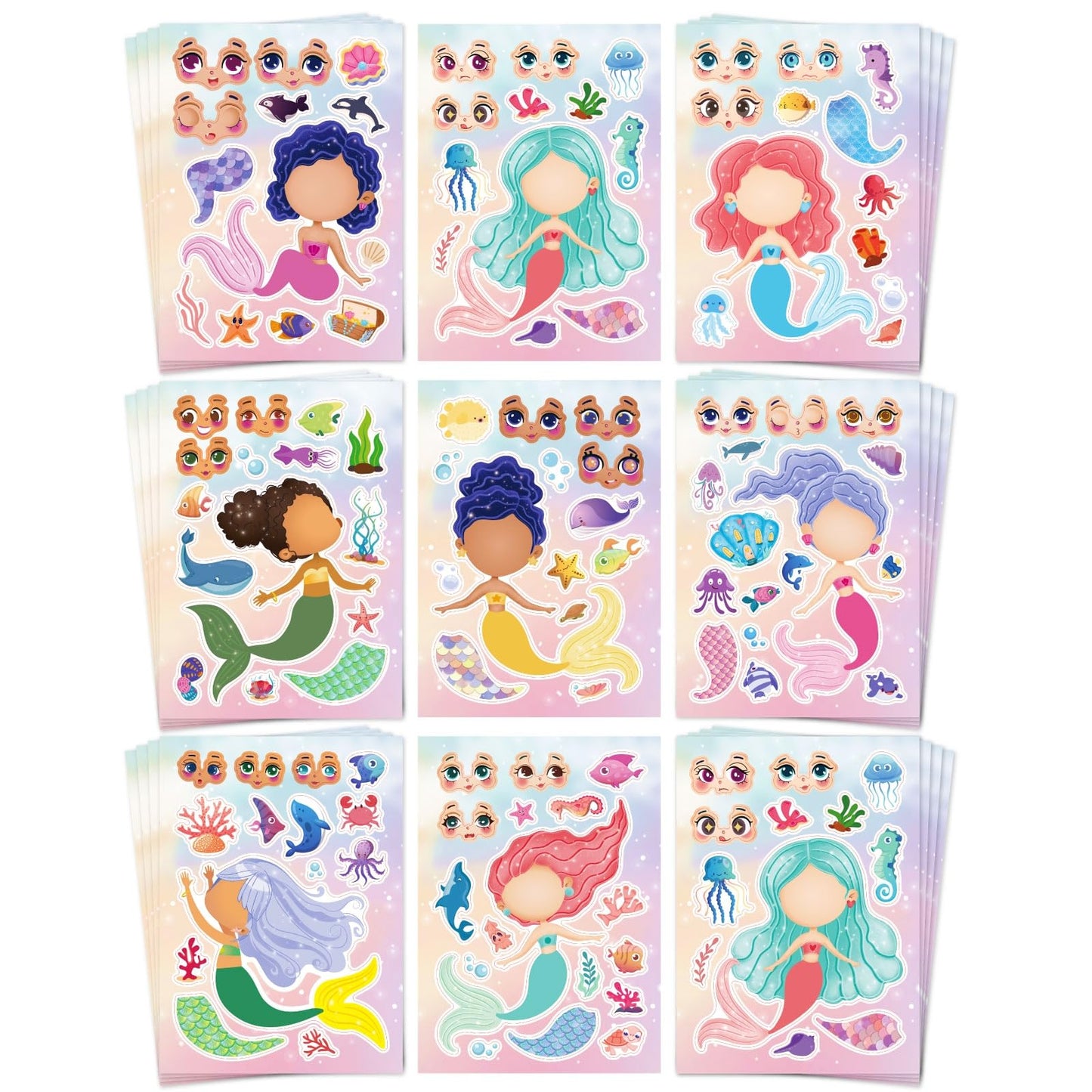 Aowplc 32 Sheets Mermaid Make-A-Face Stickers for Kids | Mermaid Party Favors