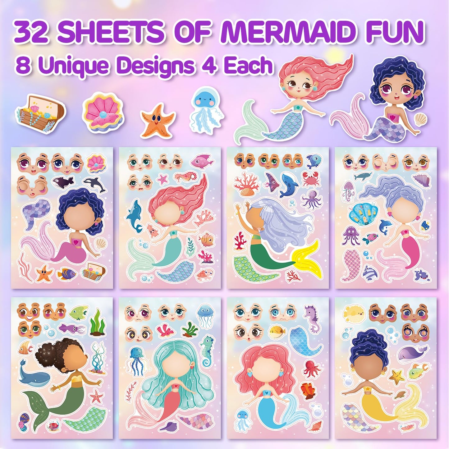 Aowplc 32 Sheets Mermaid Make-A-Face Stickers for Kids | Mermaid Party Favors