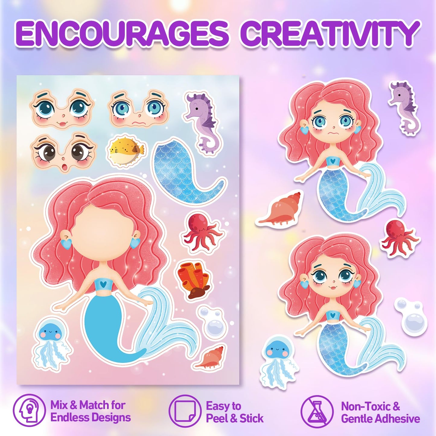 Aowplc 32 Sheets Mermaid Make-A-Face Stickers for Kids | Mermaid Party Favors
