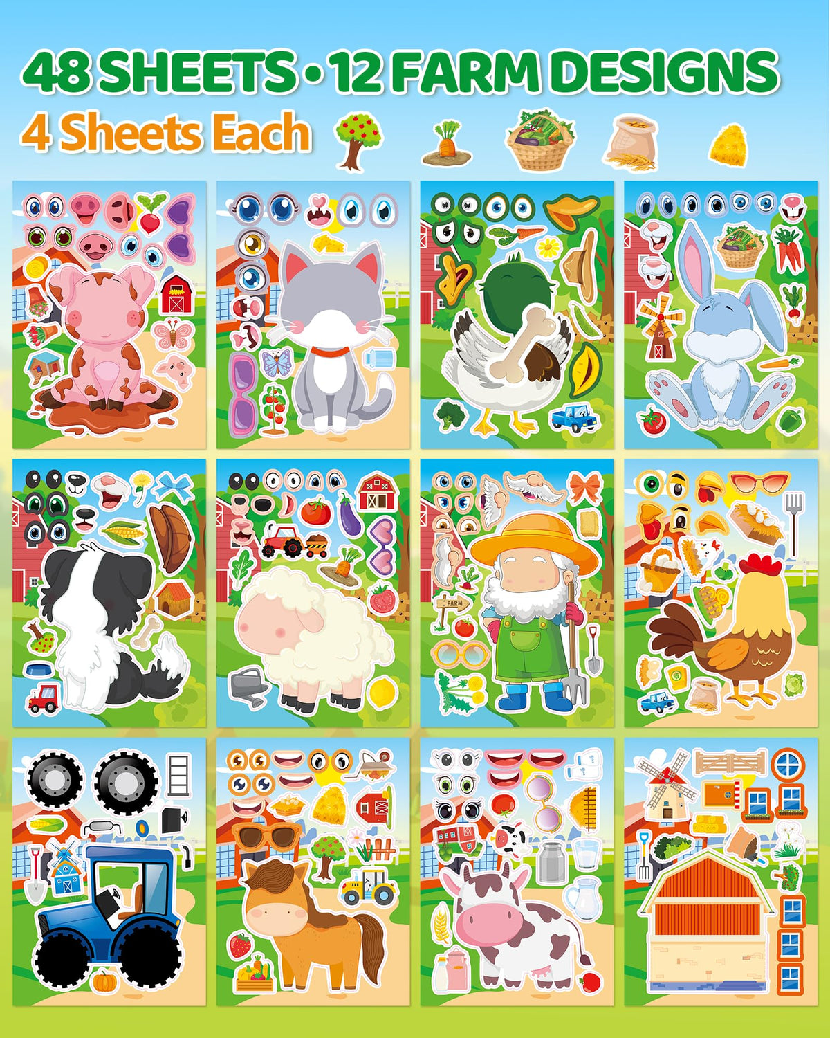 Aowplc 48 Sheets Farm Animal Make‑a‑Face Stickers – 12 Mix‑and‑Match Designs for Kids, Parties & Crafts