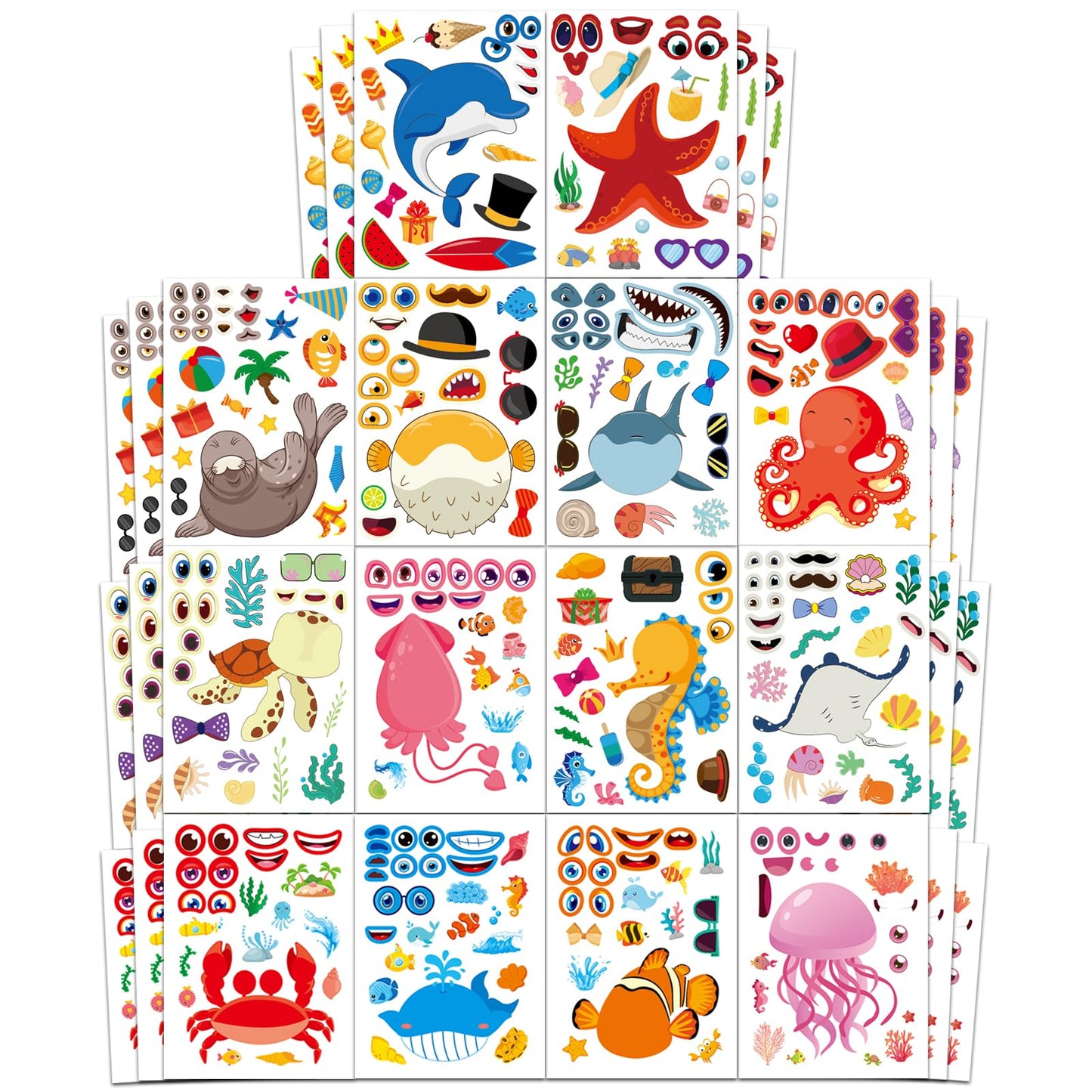 Aowplc 42 Pcs Ocean Animals Make-a-Face Sticker Sheets – 14 Sea Creatures for Parties & Classrooms