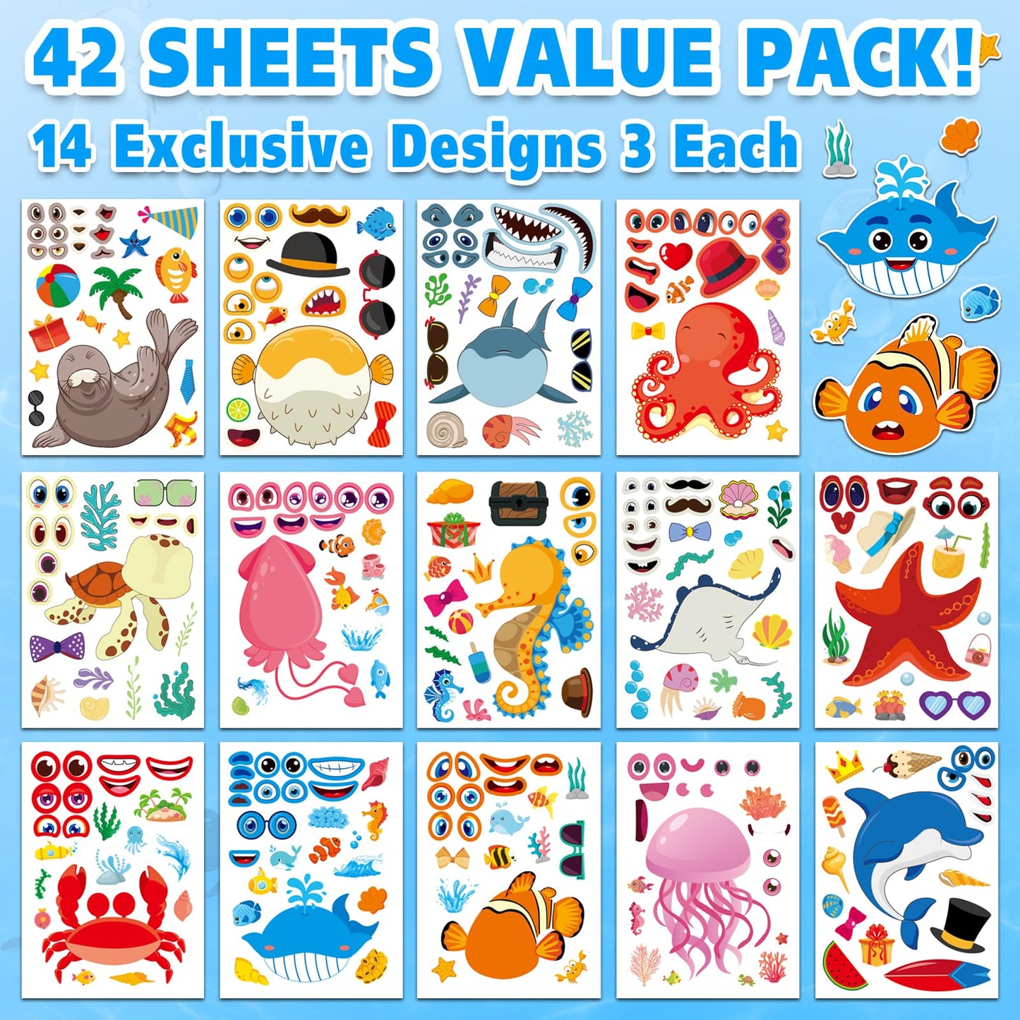 Aowplc 42 Pcs Ocean Animals Make-a-Face Sticker Sheets – 14 Sea Creatures for Parties & Classrooms