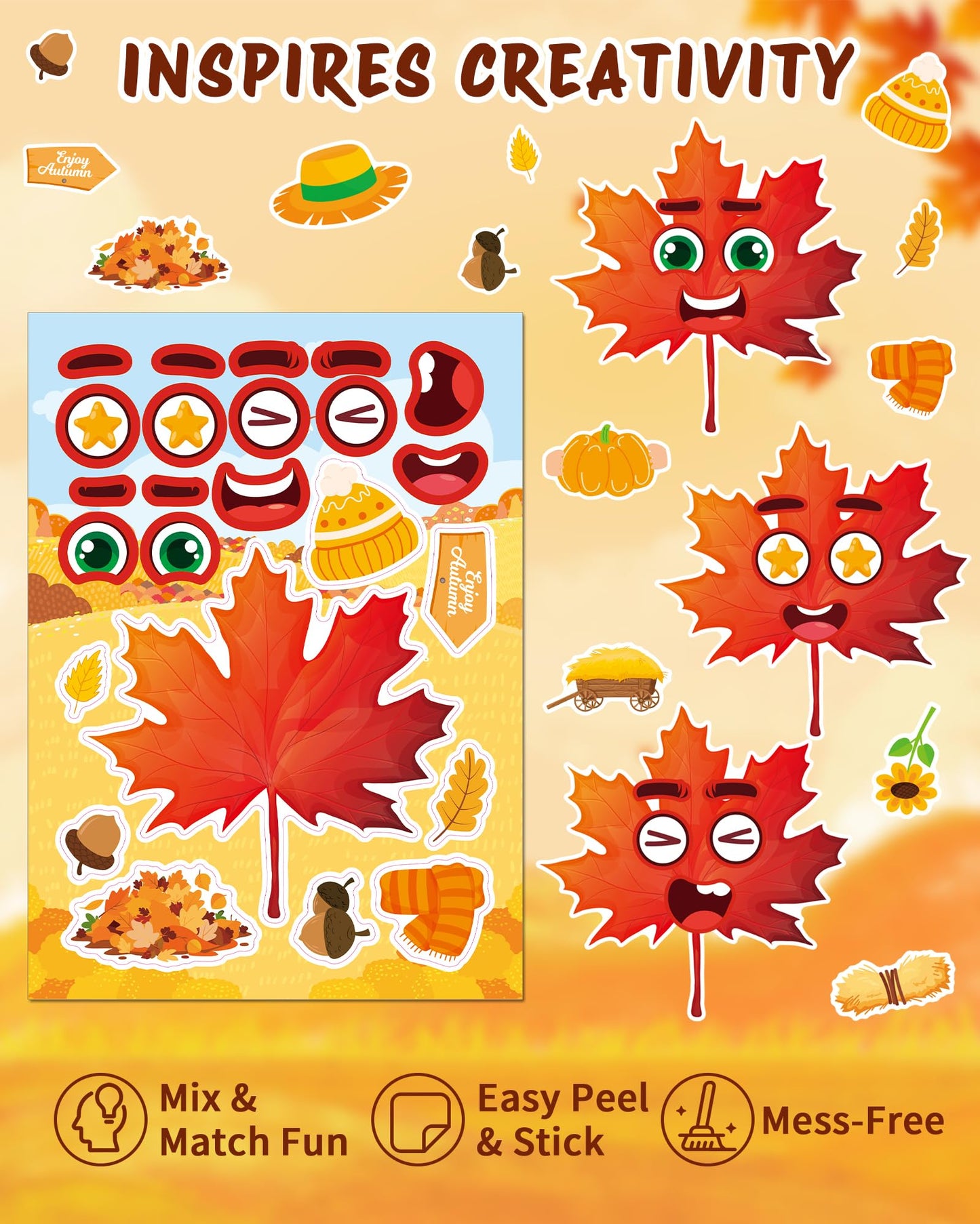 Aowplc 48 Sheets Fall Face Stickers – 12 Designs for Kids’ Crafts, Classroom Activities & Party Favors