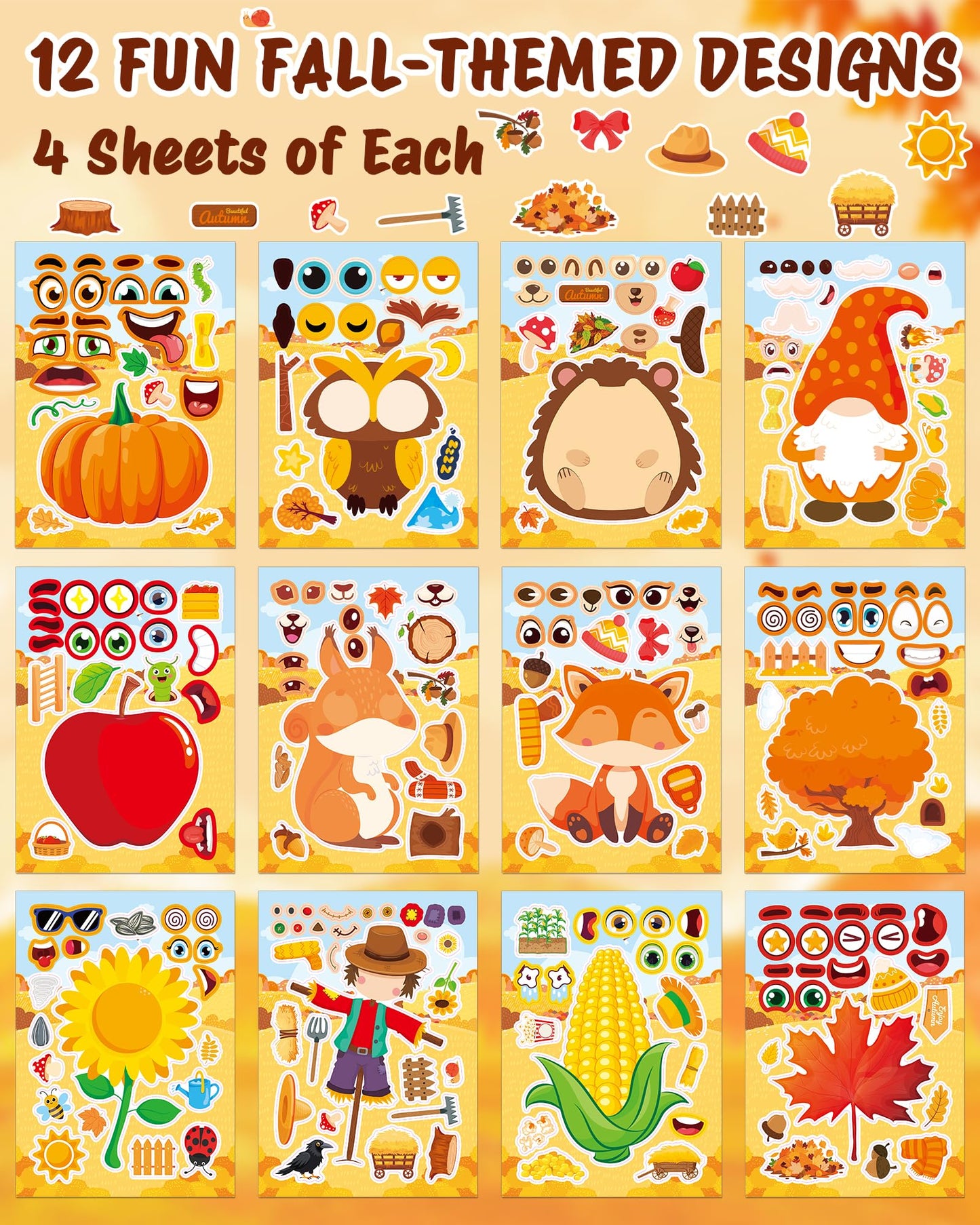 Aowplc 48 Sheets Fall Face Stickers – 12 Designs for Kids’ Crafts, Classroom Activities & Party Favors