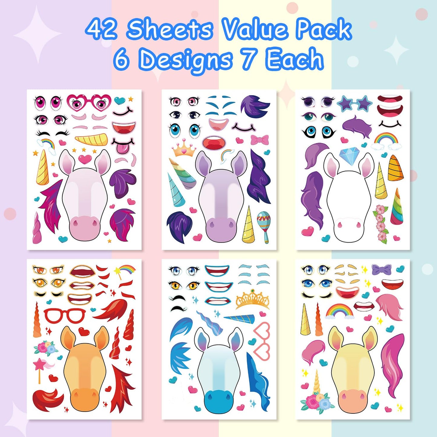 Aowplc 42 Sheets Unicorn Make-a-Face Stickers | Kids Crafts & Party Favors