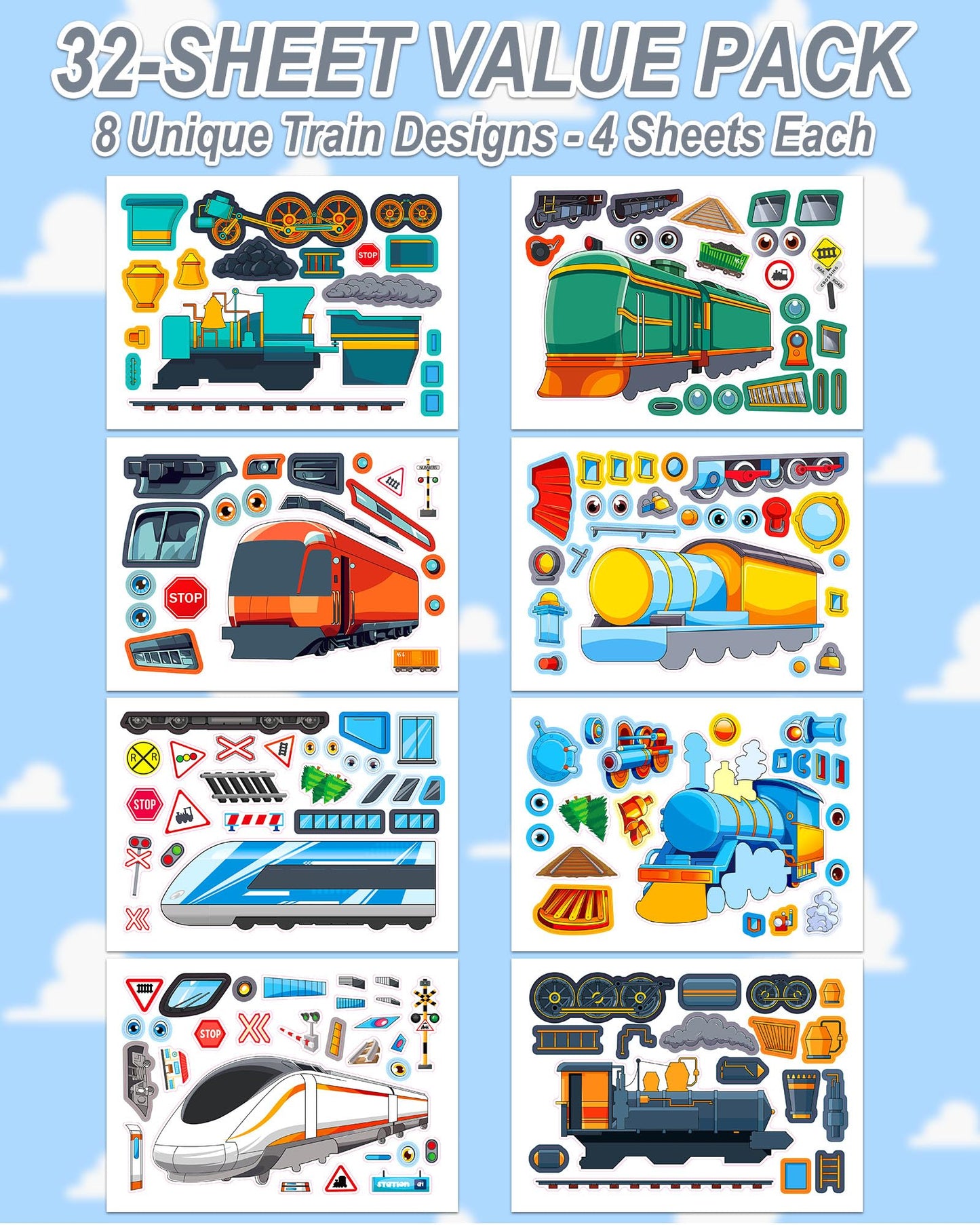 Aowplc Train Stickers for Kids – 32 Sheets Make-a-Train Kit