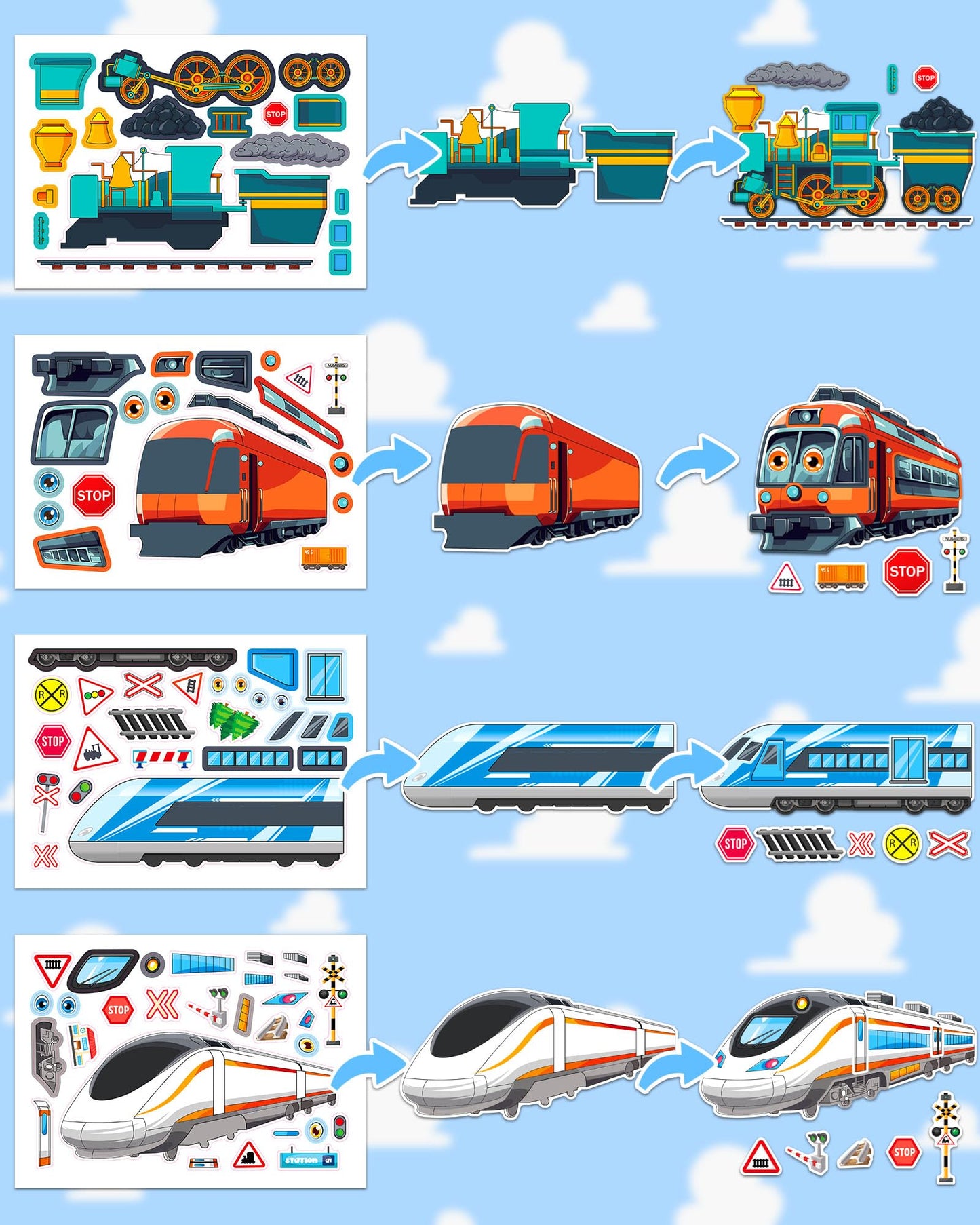 Aowplc Train Stickers for Kids – 32 Sheets Make-a-Train Kit