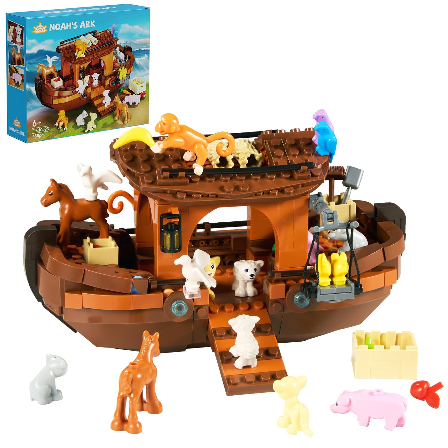 AOXEKBOLO Noah's Ark Building Blocks – 488-Piece Bible Story Boat with Animals & Plants, LEGO-Compatible, Ages 6+