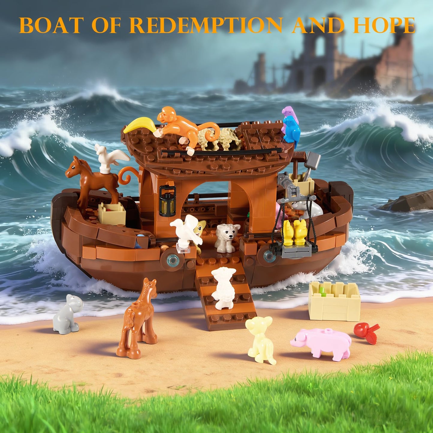 AOXEKBOLO Noah's Ark Building Blocks – 488-Piece Bible Story Boat with Animals & Plants, LEGO-Compatible, Ages 6+