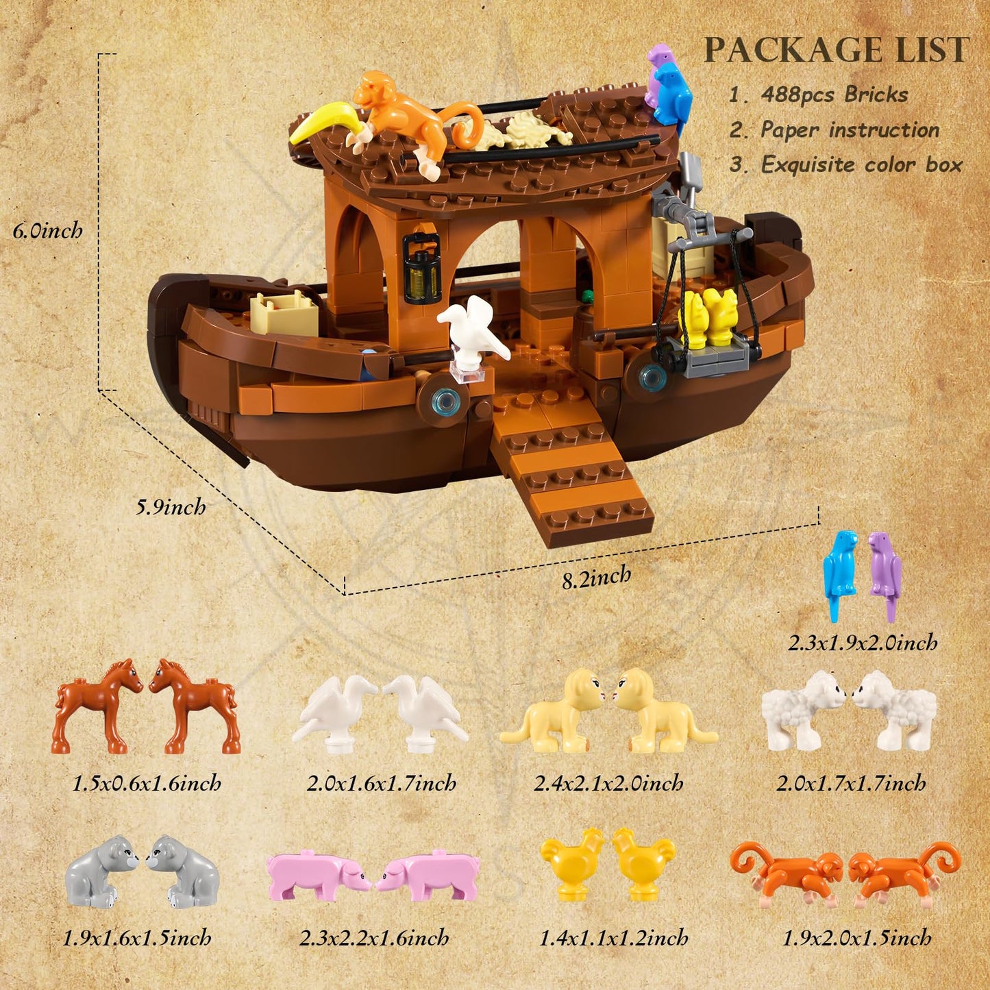 AOXEKBOLO Noah's Ark Building Blocks – 488-Piece Bible Story Boat with Animals & Plants, LEGO-Compatible, Ages 6+