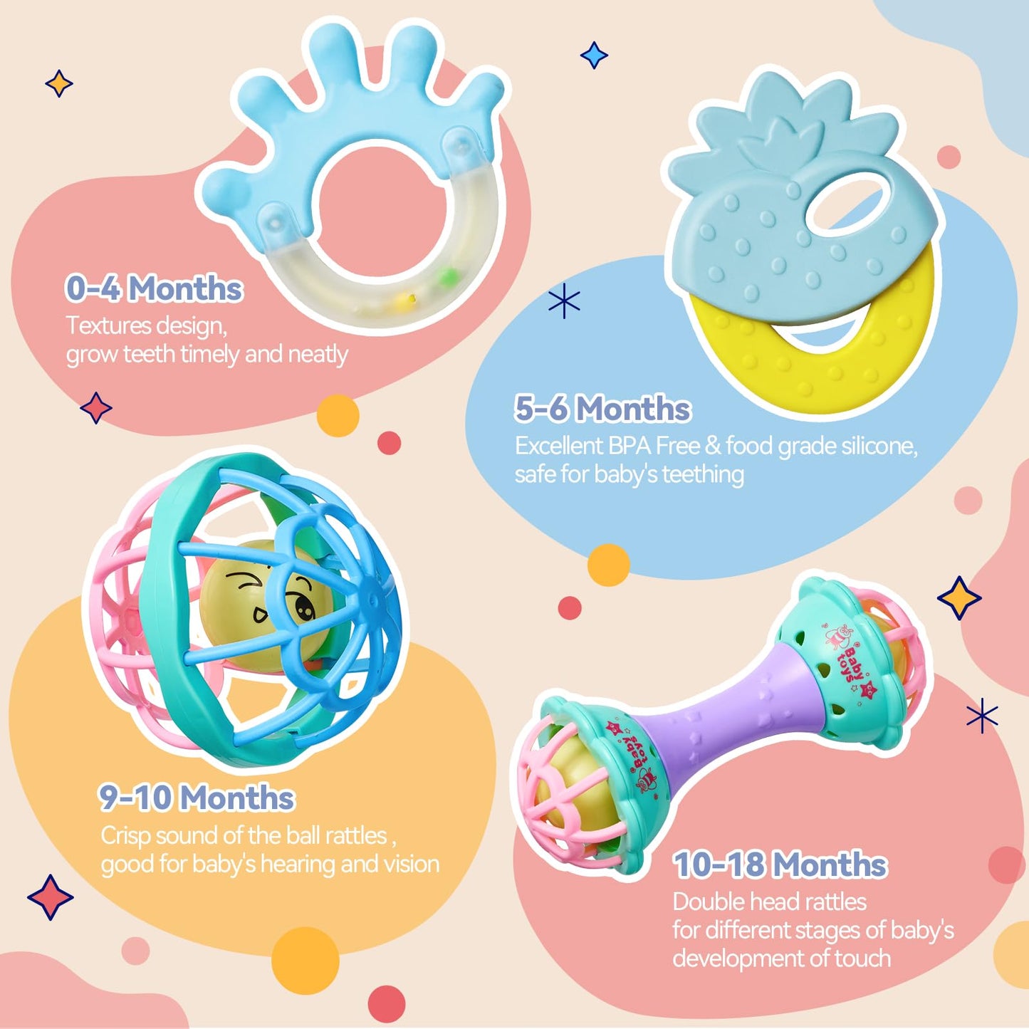 AOYOHOMOA 15PCS Rattles for Babies 0-6 Months — BPA-Free Teething & Sensory Toy Gift Set