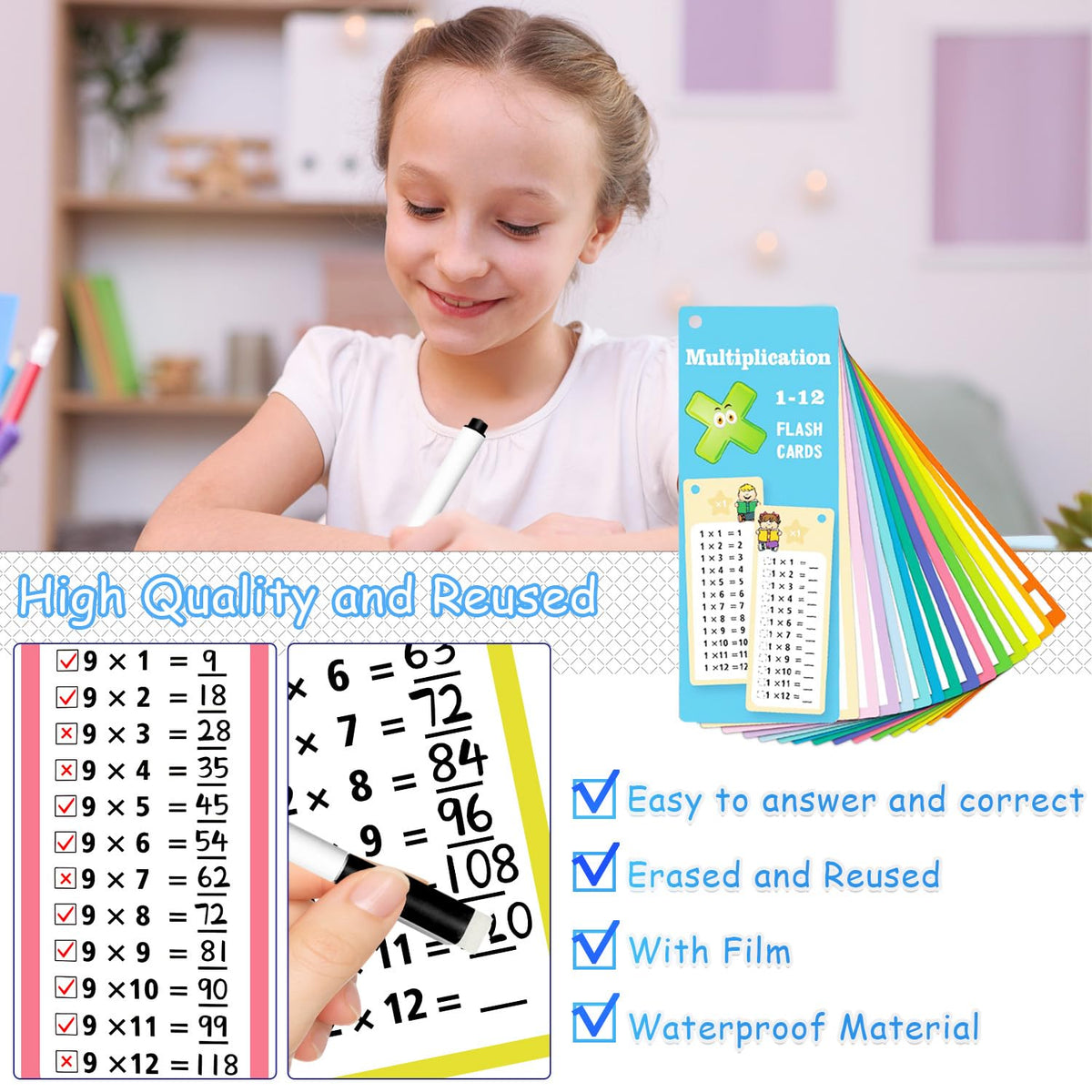 Aozlgfri 1-12 Multiplication Flash Cards – 15 Cards, 2 Dry Erase Markers, Binder Ring