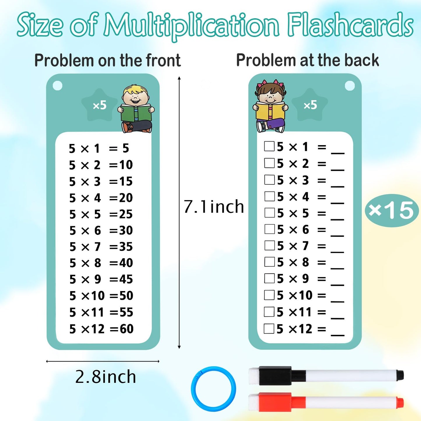 Aozlgfri 1-12 Multiplication Flash Cards – 15 Cards, 2 Dry Erase Markers, Binder Ring
