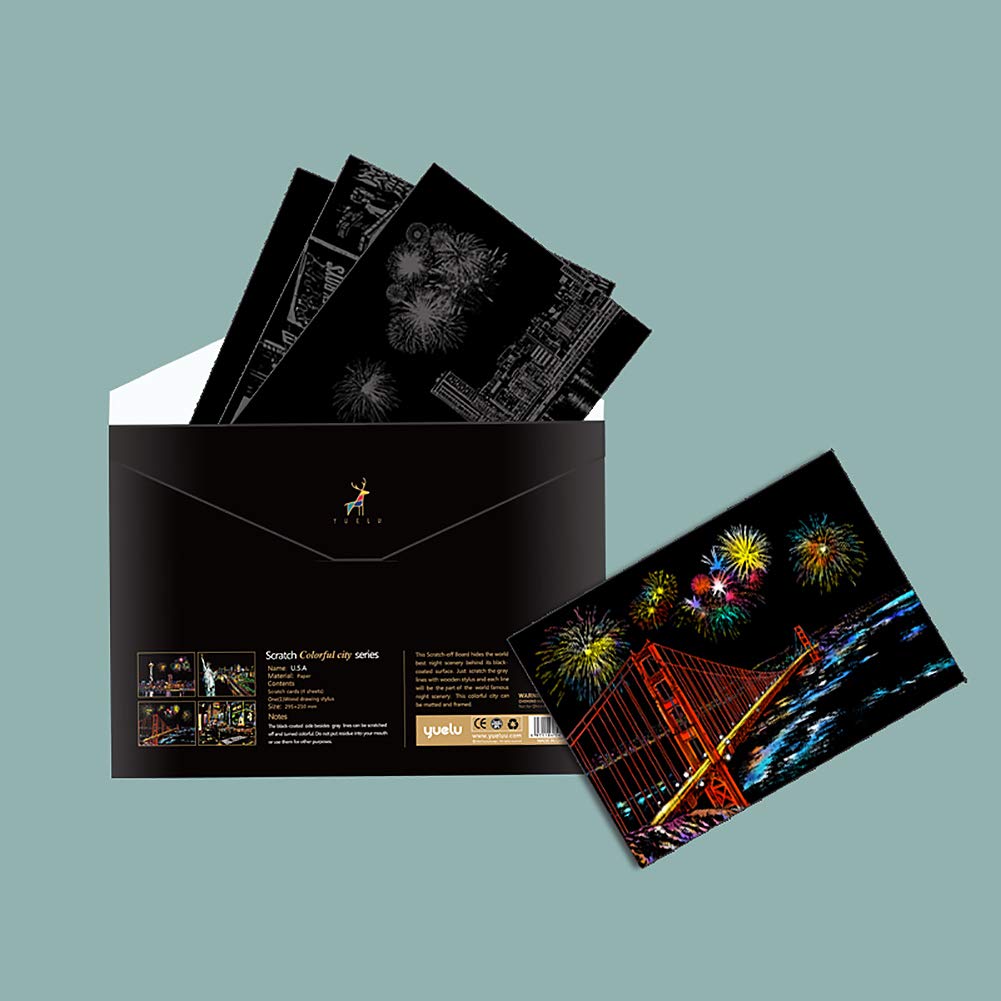 AP ARTSPER Scratch Art Set for Teens & Adults – Rainbow Landscape Scratchboard (A4) with 8 Sheets & 4 Tools (New York, Liberty, Golden Gate, Manarola)
