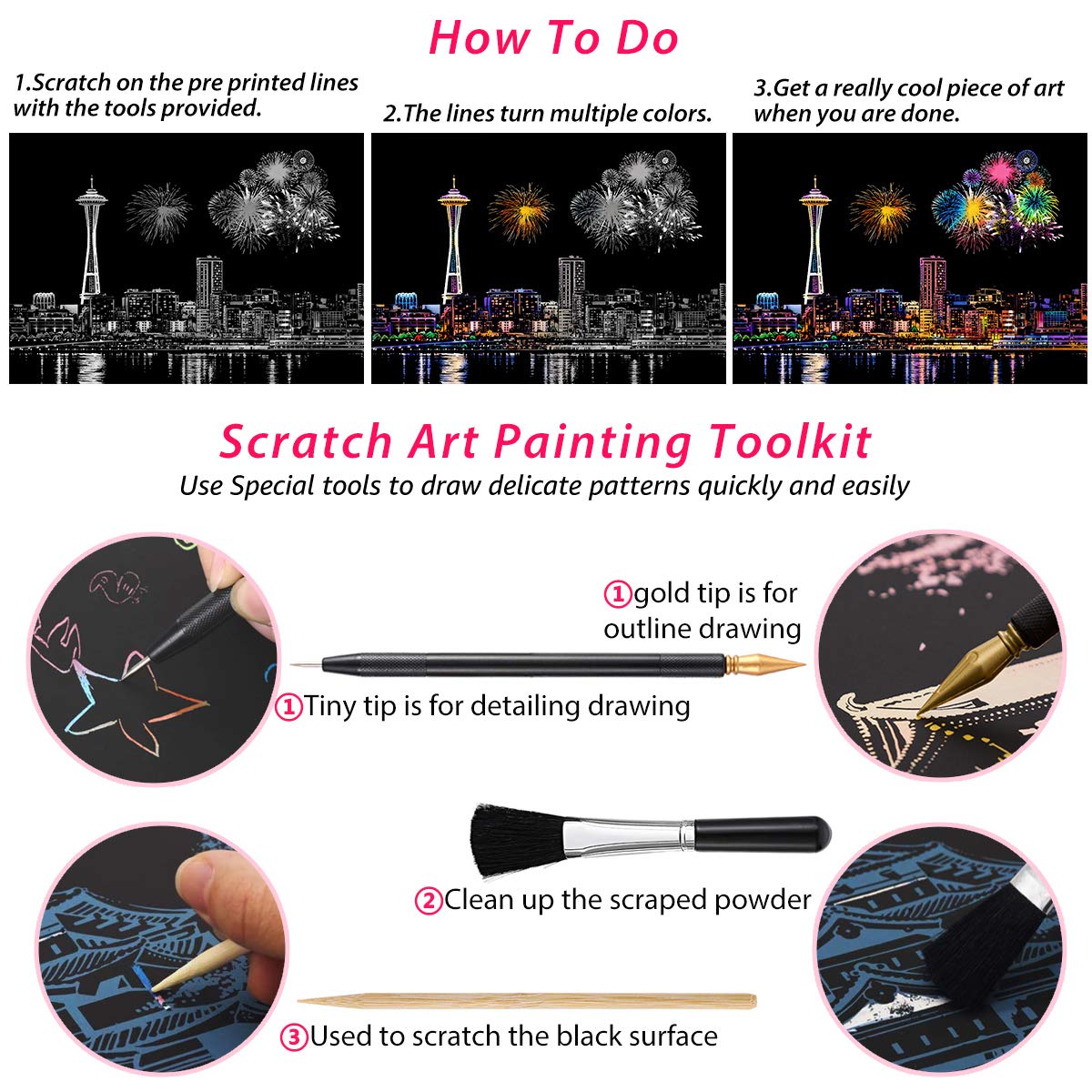 AP ARTSPER Scratch Art Set for Teens & Adults – Rainbow Landscape Scratchboard (A4) with 8 Sheets & 4 Tools (New York, Liberty, Golden Gate, Manarola)