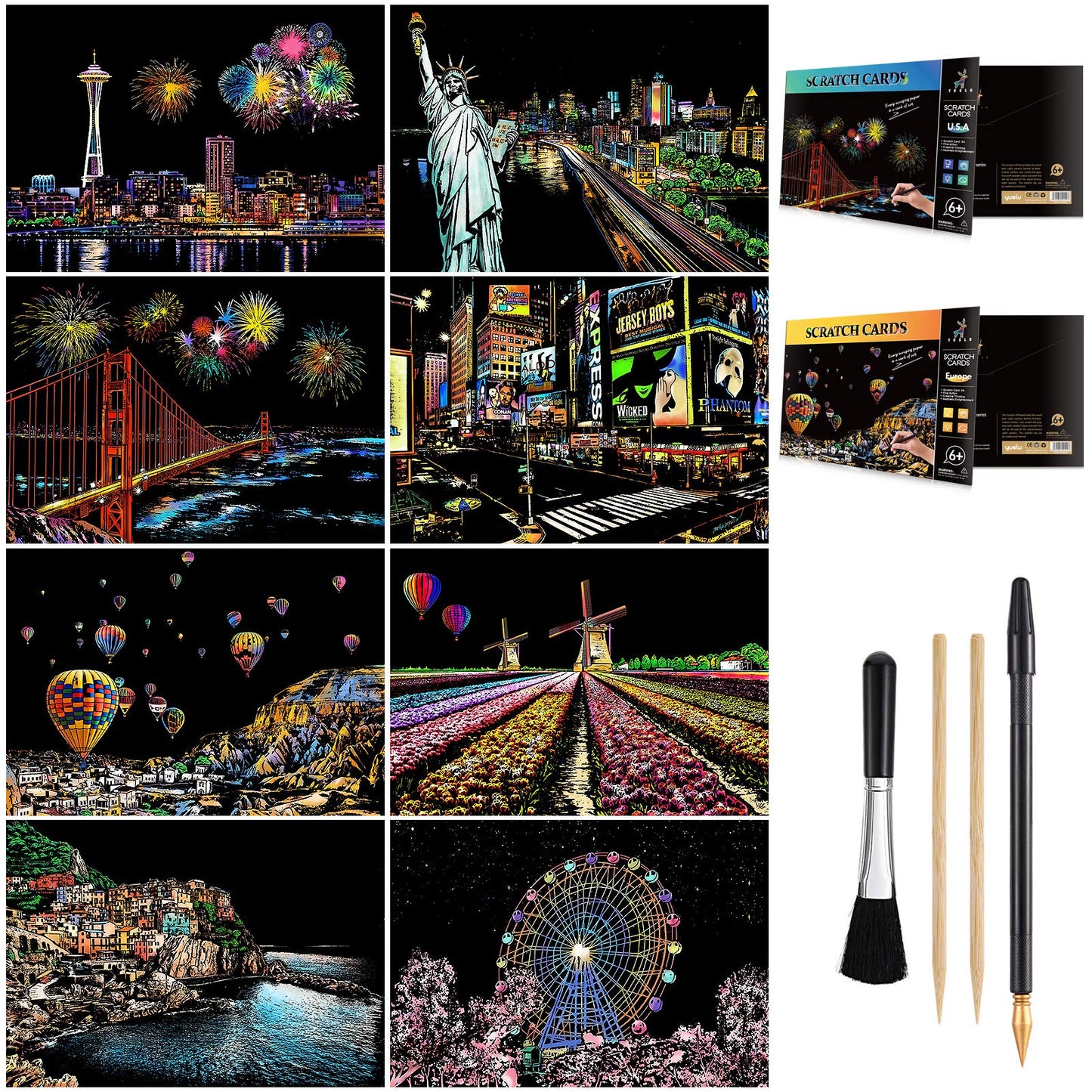AP ARTSPER Scratch Art Set for Teens & Adults – Rainbow Landscape Scratchboard (A4) with 8 Sheets & 4 Tools (New York, Liberty, Golden Gate, Manarola)