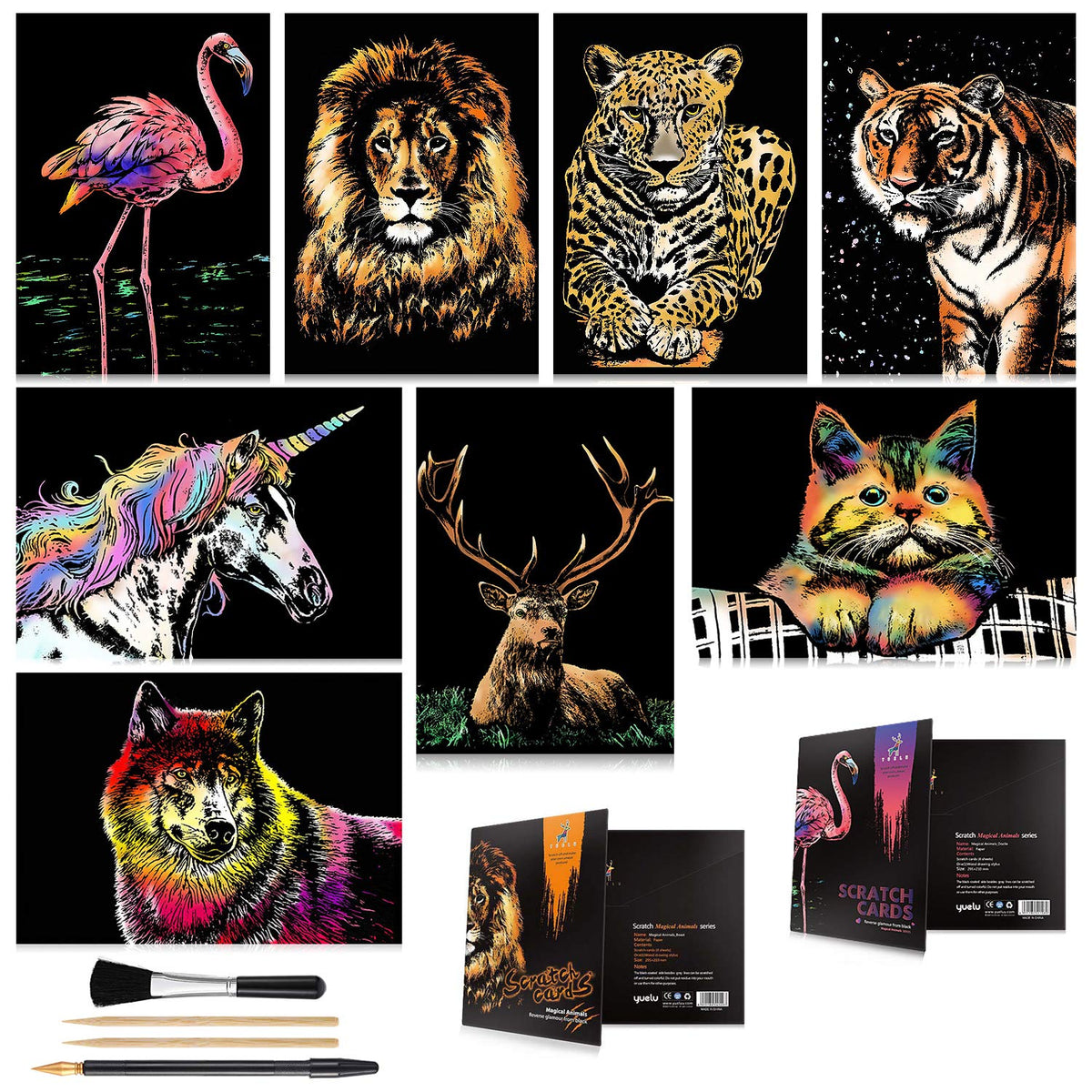 AP ARTSPER Scratch Art Set A4 – Rainbow Engraving, 8 Sheets & 4 Tools (Unicorn, Flamingo, Animals)