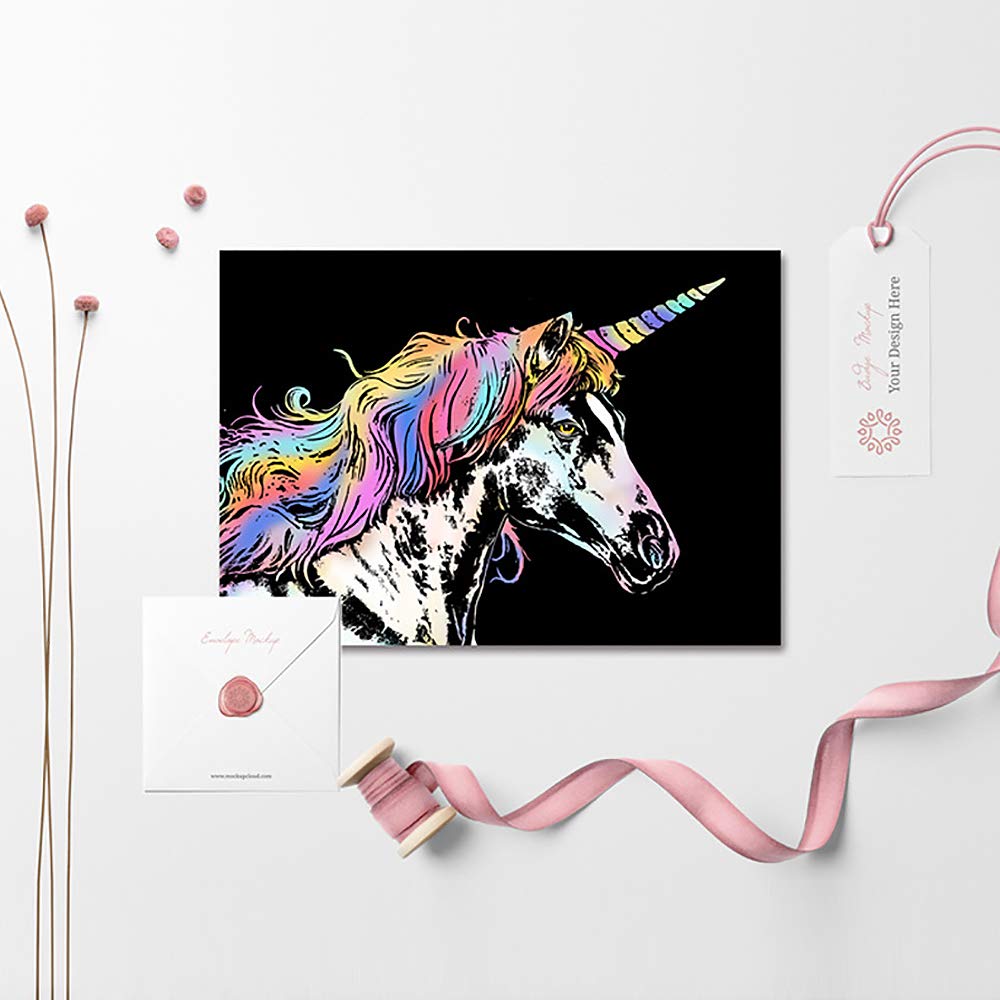 AP ARTSPER Scratch Art Set A4 – Rainbow Engraving, 8 Sheets & 4 Tools (Unicorn, Flamingo, Animals)