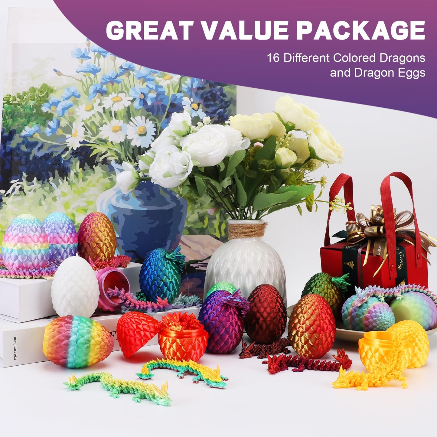 APEAR1 16Pcs 3D Printed Dragon Eggs Set – Articulated Crystal Dragon Toys