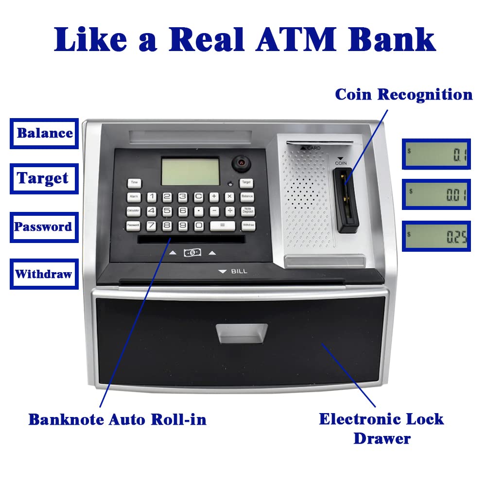 ApgBnk ATM Savings Bank with Debit Card – Real Money Piggy Bank for Kids, Target Savings, Voice Prompts (Black/Silver)