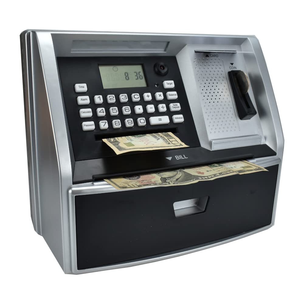 ApgBnk ATM Savings Bank with Debit Card – Real Money Piggy Bank for Kids, Target Savings, Voice Prompts (Black/Silver)