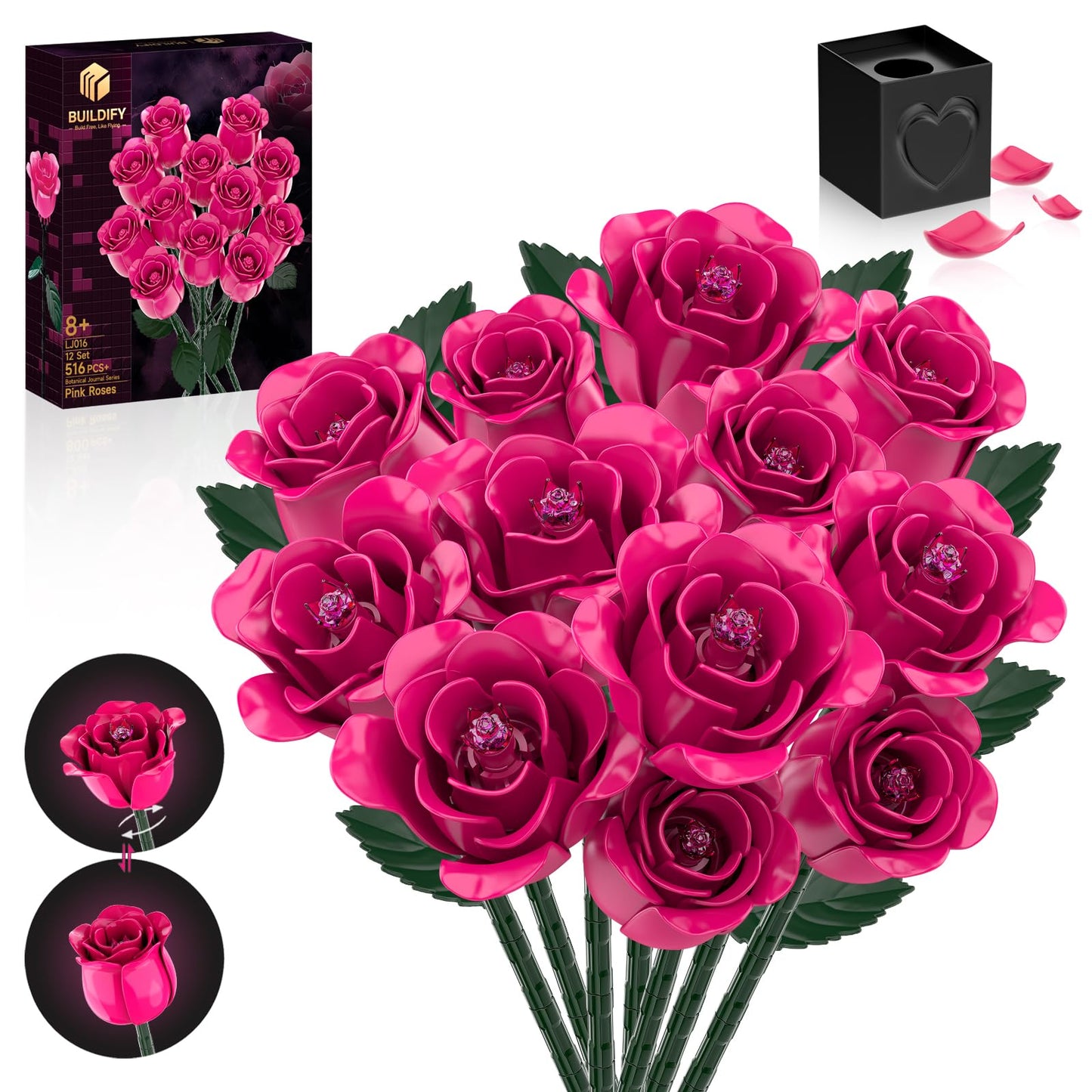 aphaio 12 Everlasting Pink Roses Bouquet Building Set | Gothic Centerpiece & Heart Gift Box