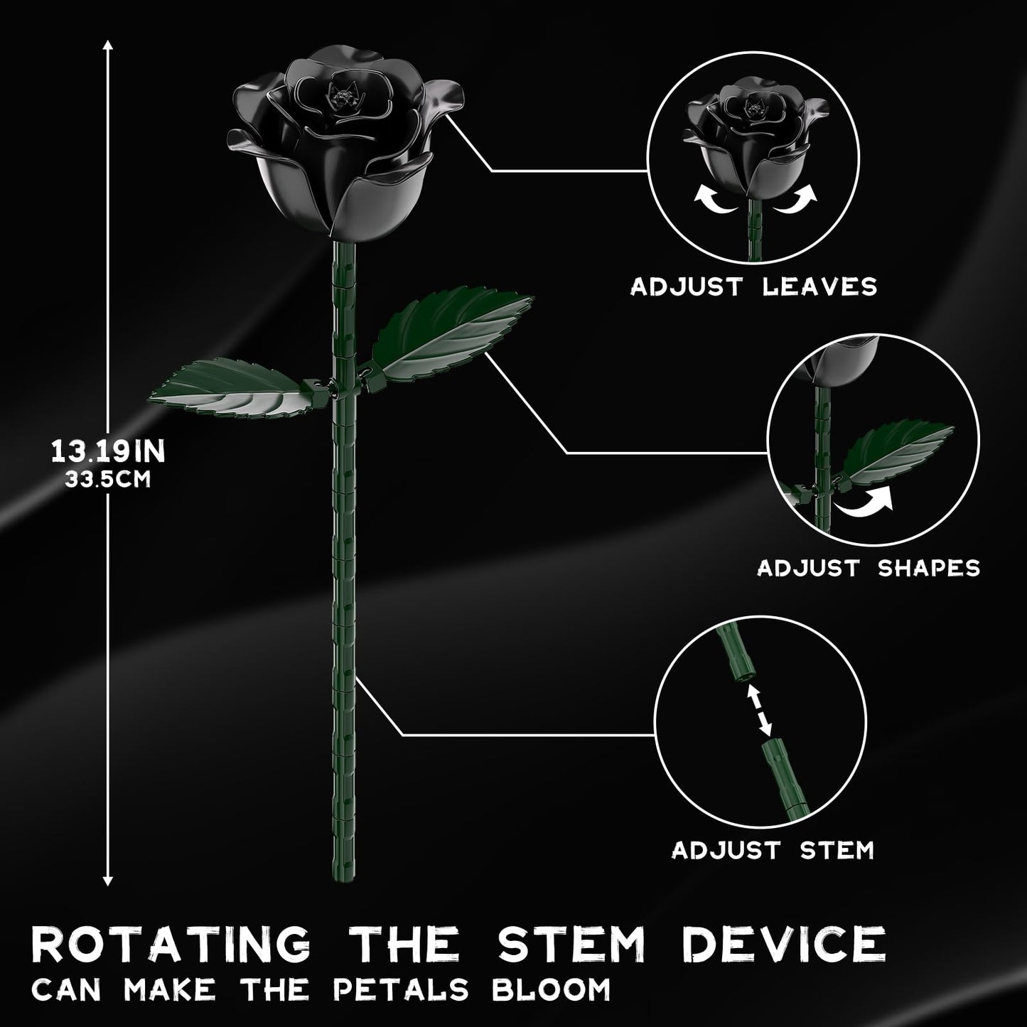 aphaio Black Rose Bouquet Building Blocks – Rotating Bloom, Gothic Decor Gift