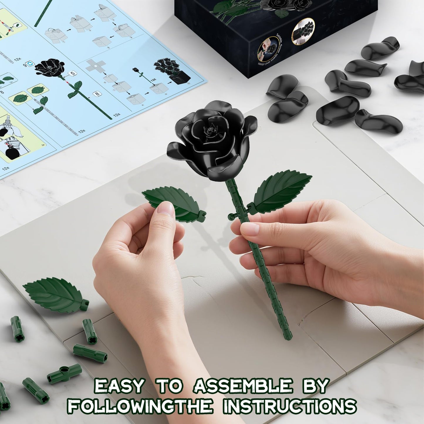 aphaio Black Rose Bouquet Building Blocks – Rotating Bloom, Gothic Decor Gift