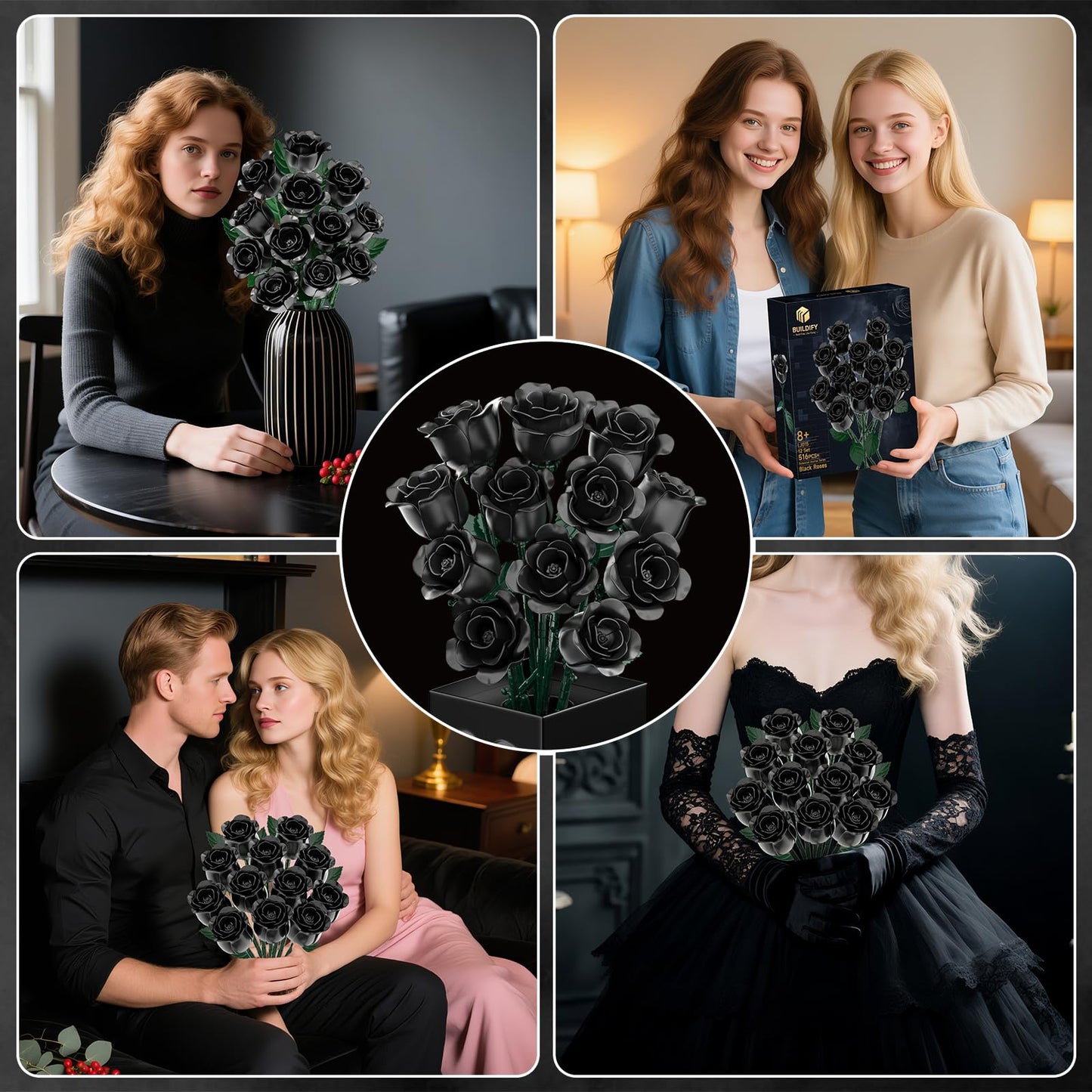 aphaio Black Rose Bouquet Building Blocks – Rotating Bloom, Gothic Decor Gift