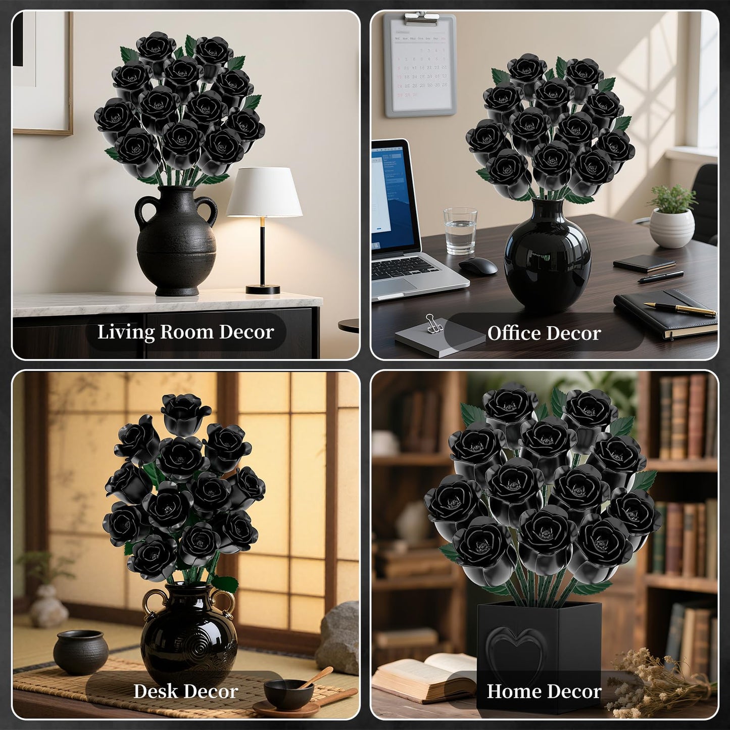 aphaio Black Rose Bouquet Building Blocks – Rotating Bloom, Gothic Decor Gift