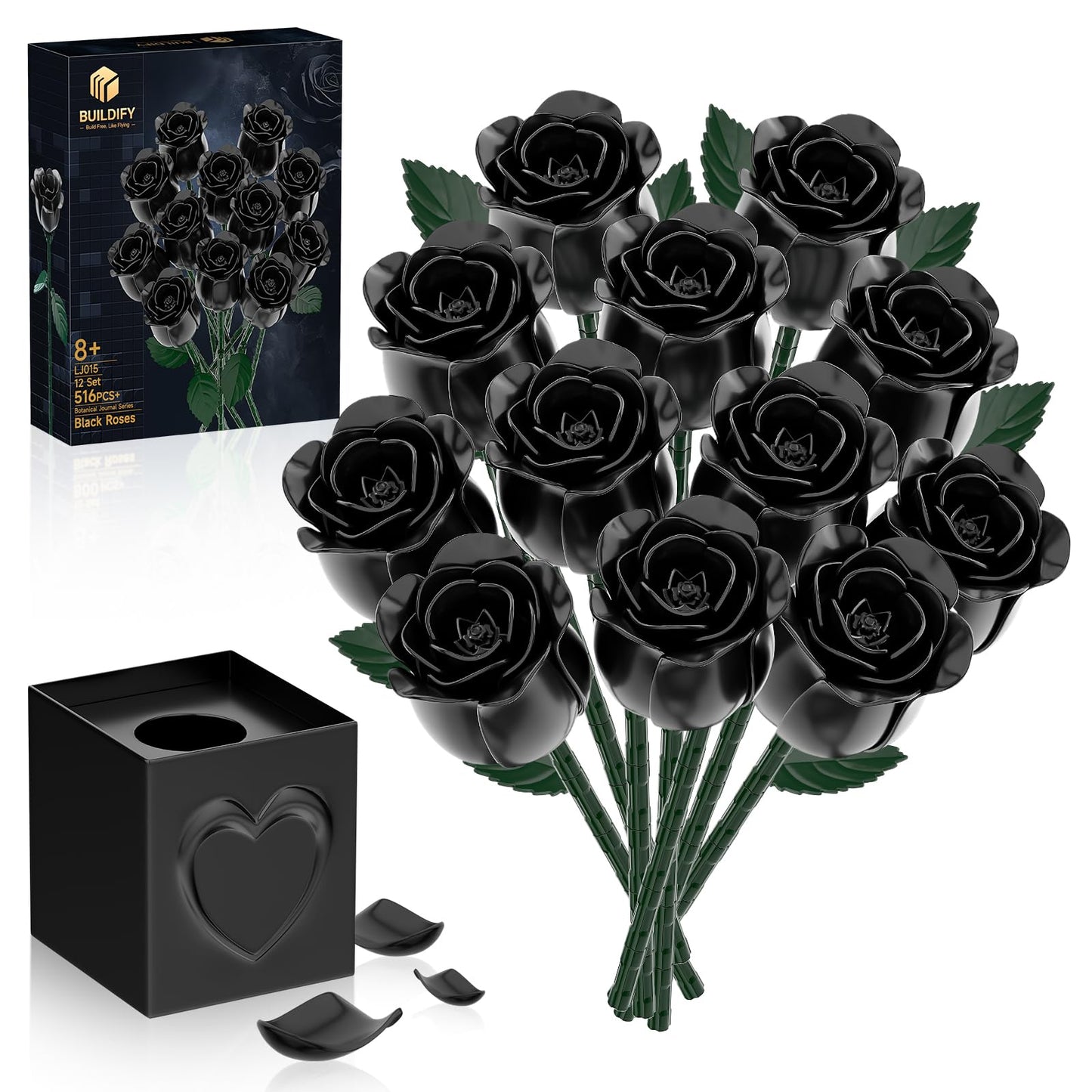 aphaio Black Rose Bouquet Building Blocks – Rotating Bloom, Gothic Decor Gift