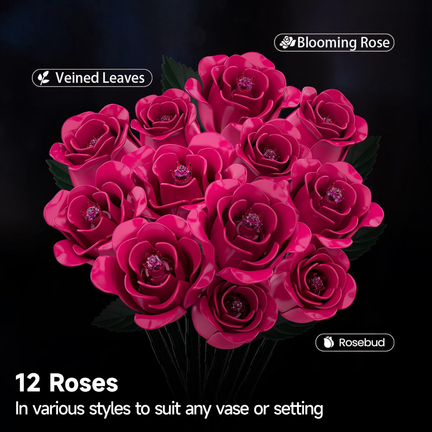 aphaio 12 Everlasting Pink Roses Bouquet Building Set | Gothic Centerpiece & Heart Gift Box