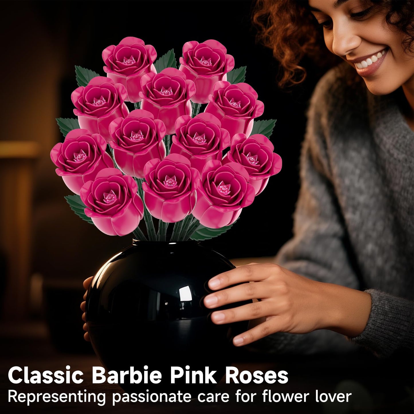 aphaio 12 Everlasting Pink Roses Bouquet Building Set | Gothic Centerpiece & Heart Gift Box