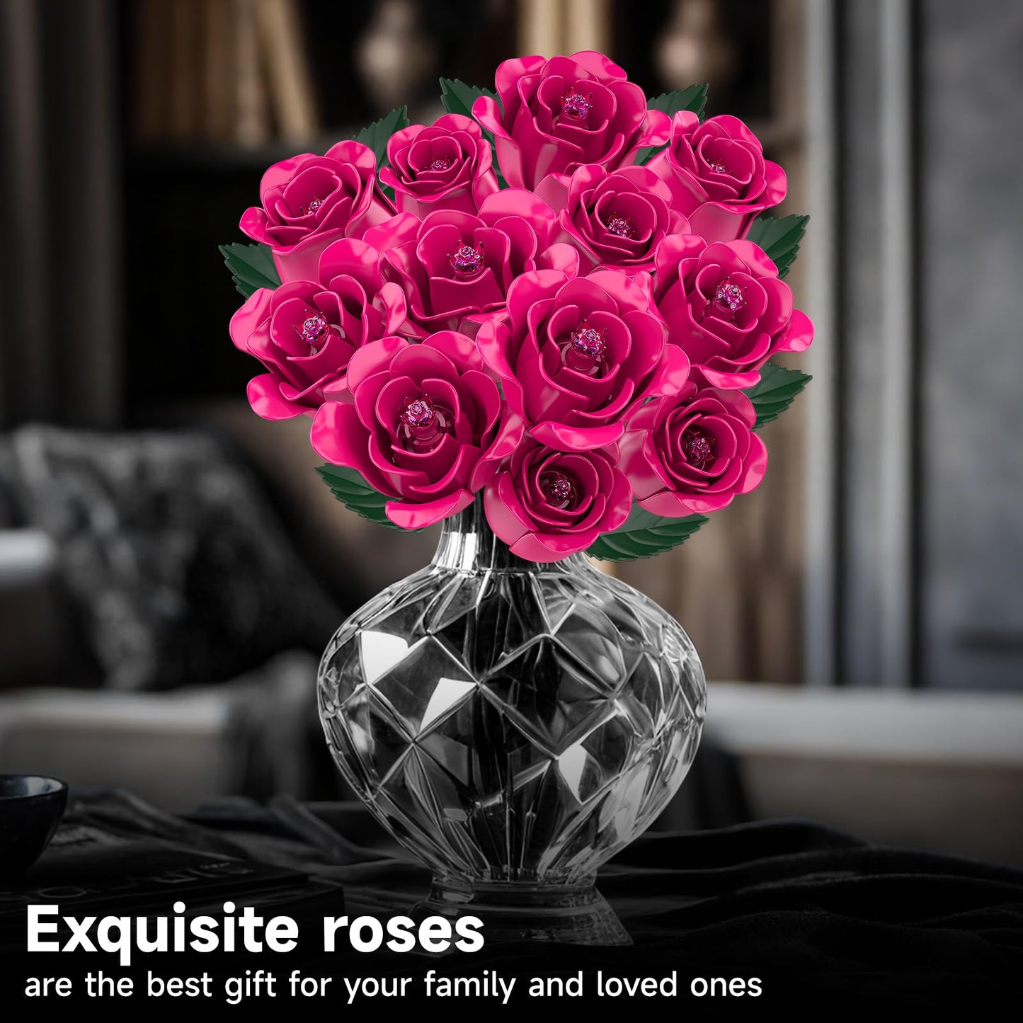 aphaio 12 Everlasting Pink Roses Bouquet Building Set | Gothic Centerpiece & Heart Gift Box