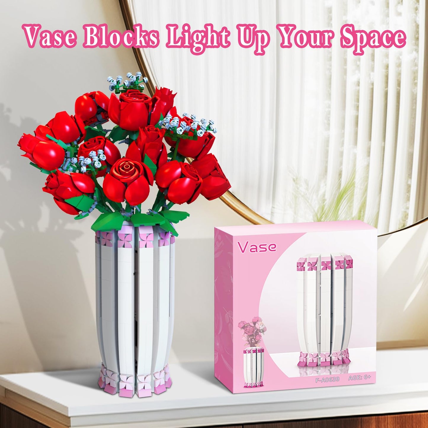 aphpaio Pink Vase Block Kit for Flower Sets – Display with Artificial Flowers & Desk Decor