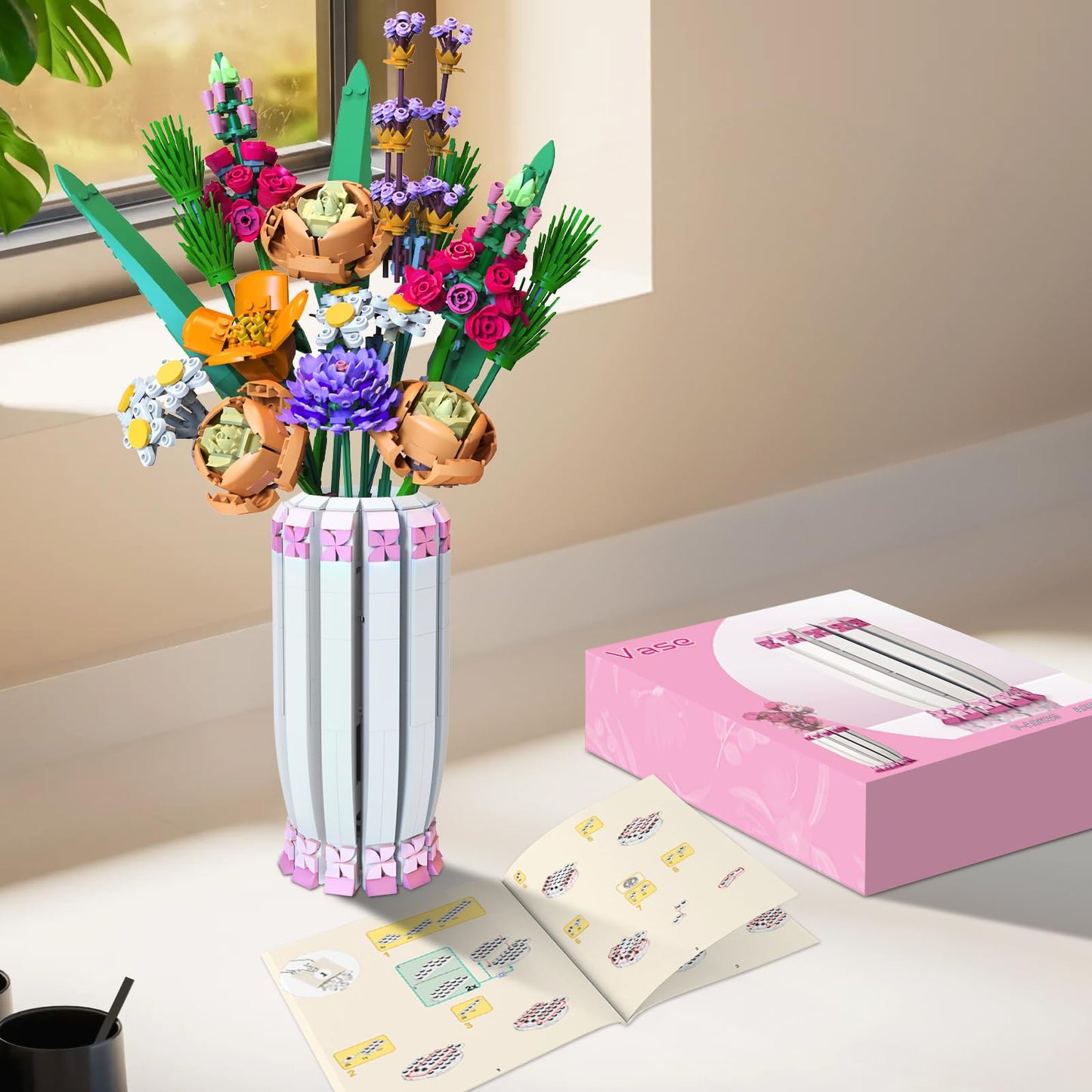 aphpaio Pink Vase Block Kit for Flower Sets – Display with Artificial Flowers & Desk Decor
