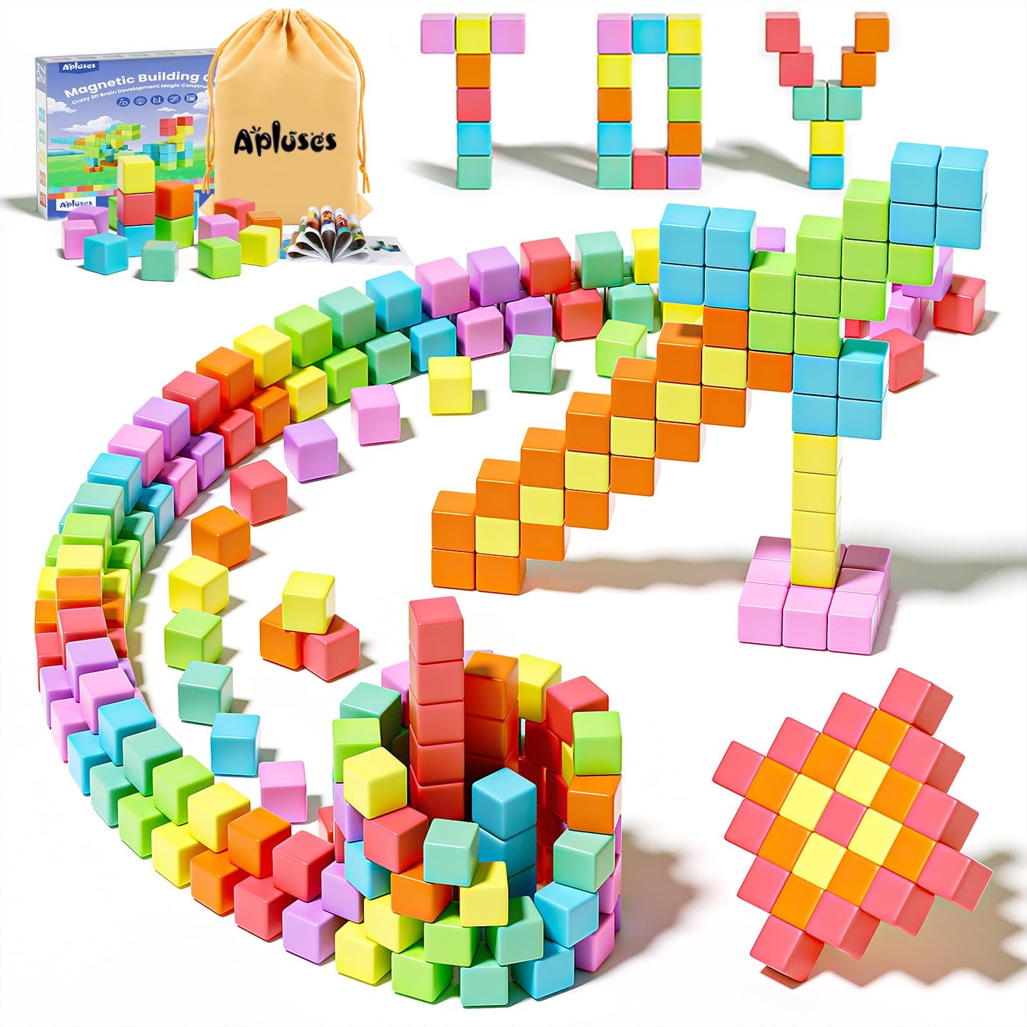 Apluses Magnetic Blocks – 72-Piece STEM Building Cubes for Ages 3-5