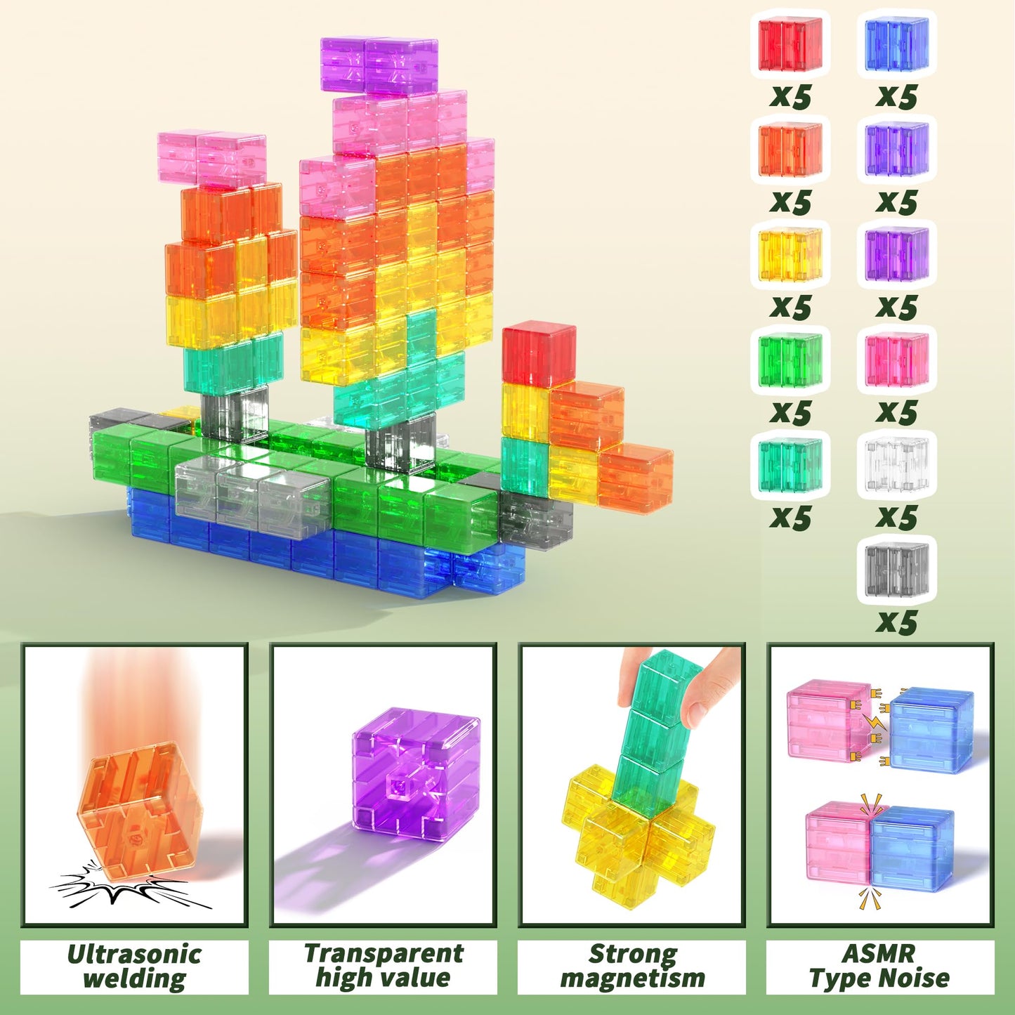 Apluses Magnetic Blocks Building Toys - Transparent Rainbow Magnetic Cubes for Kids 3+