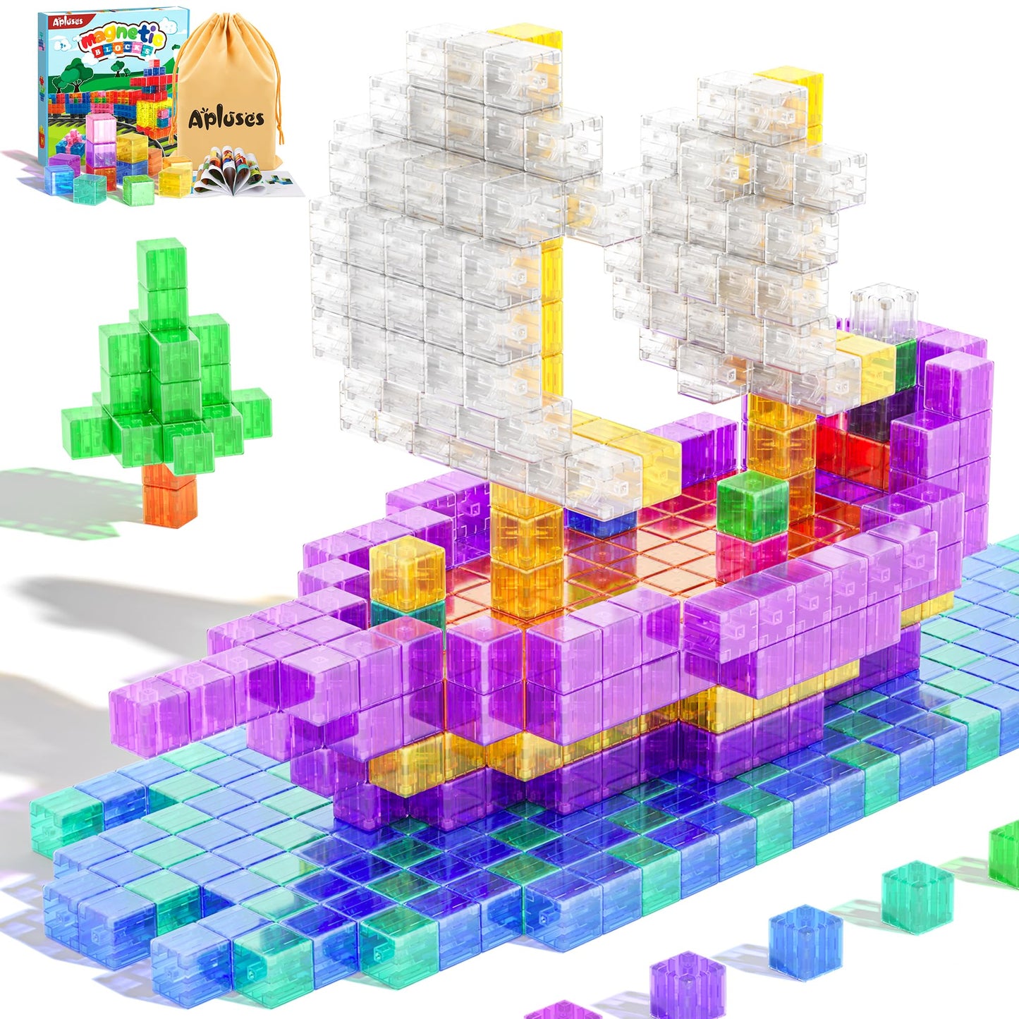 Apluses Magnetic Blocks Building Toys - Transparent Rainbow Magnetic Cubes for Kids 3+