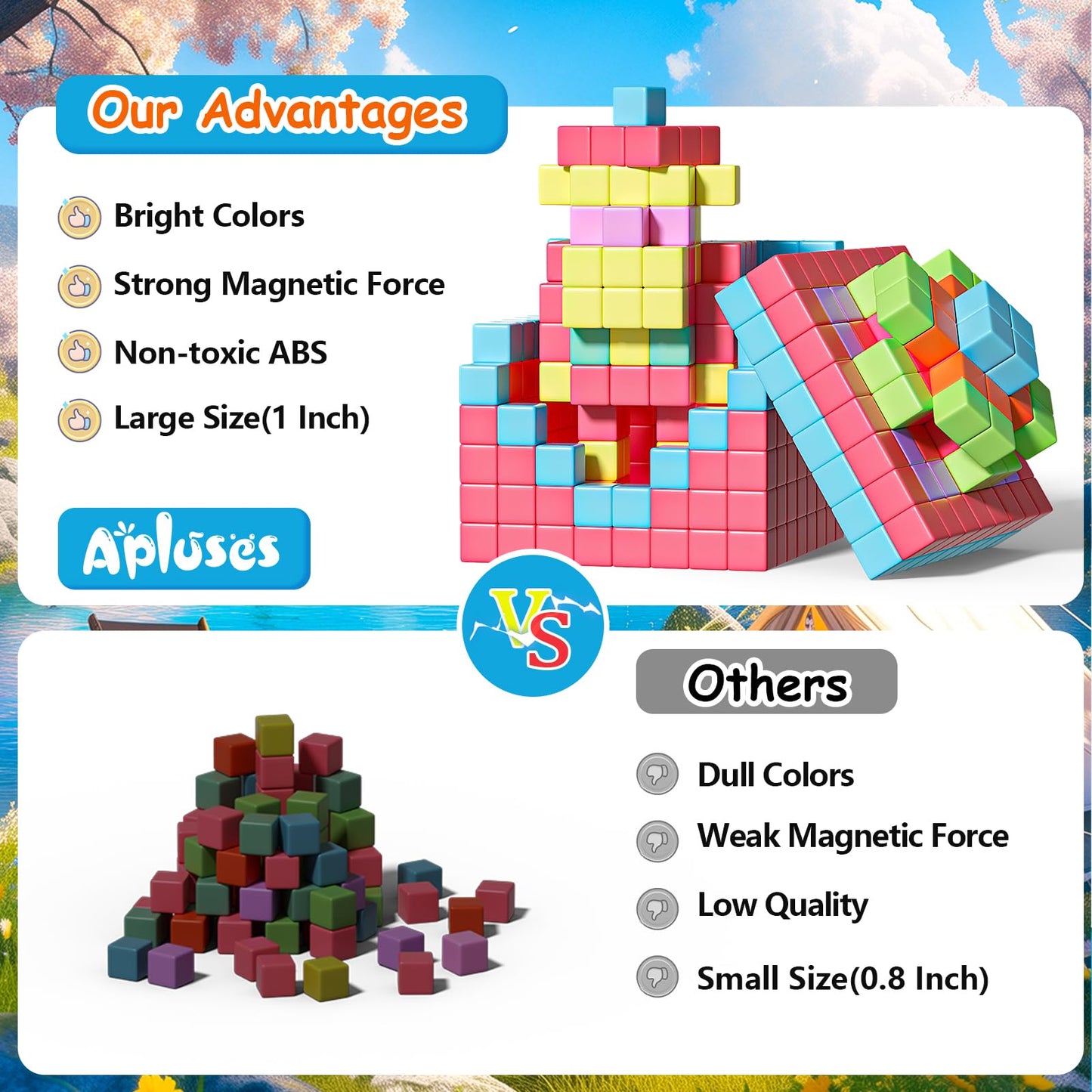 Apluses Magnetic Blocks – 72-Piece STEM Building Cubes for Ages 3-5