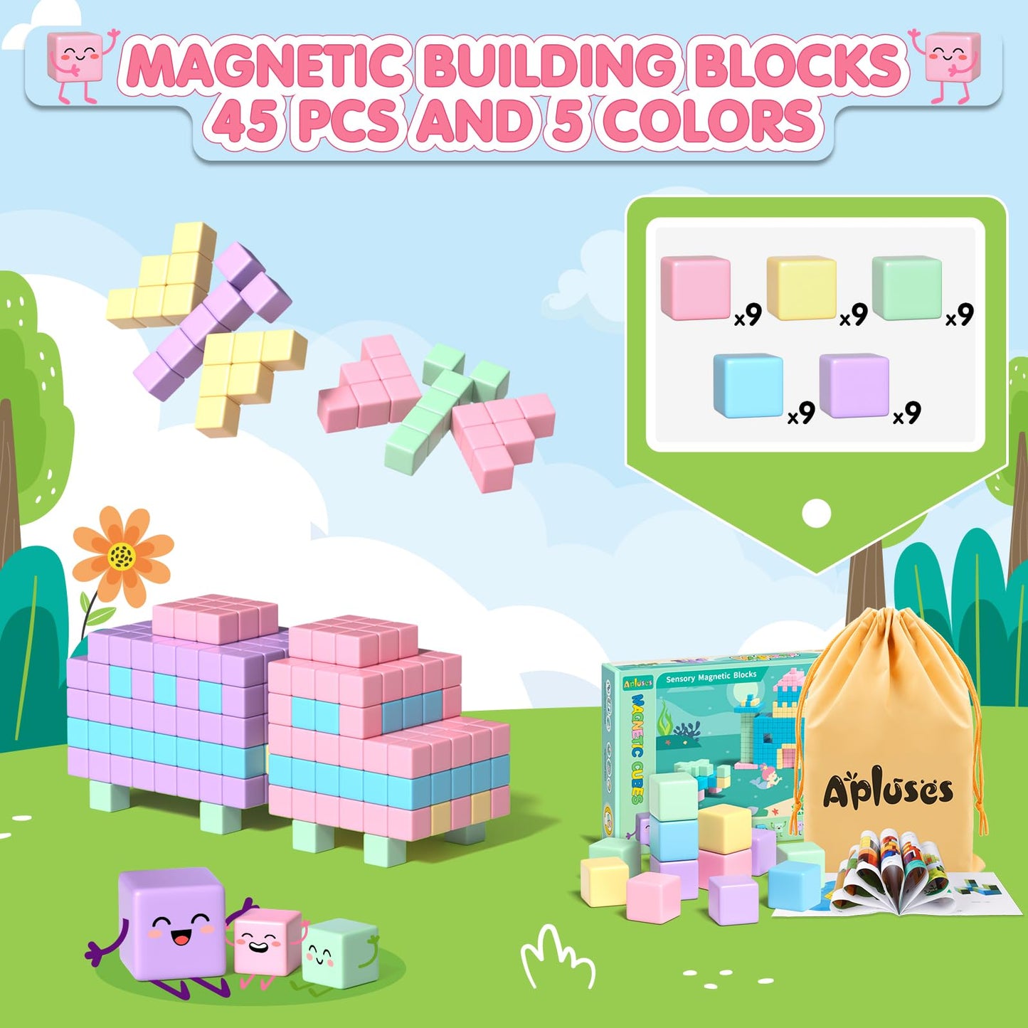 Apluses 45PCS Magnetic Blocks – STEM Building Toys for Toddlers Aged 3-5