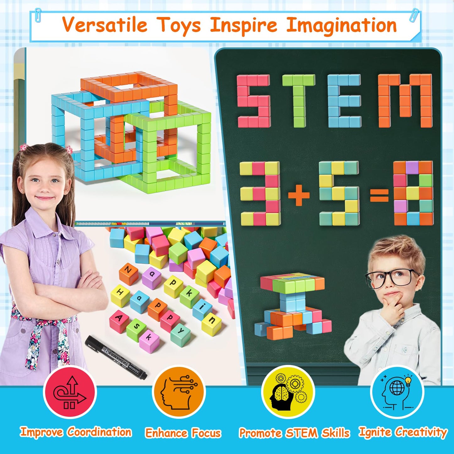 Apluses Magnetic Blocks – 72-Piece STEM Building Cubes for Ages 3-5